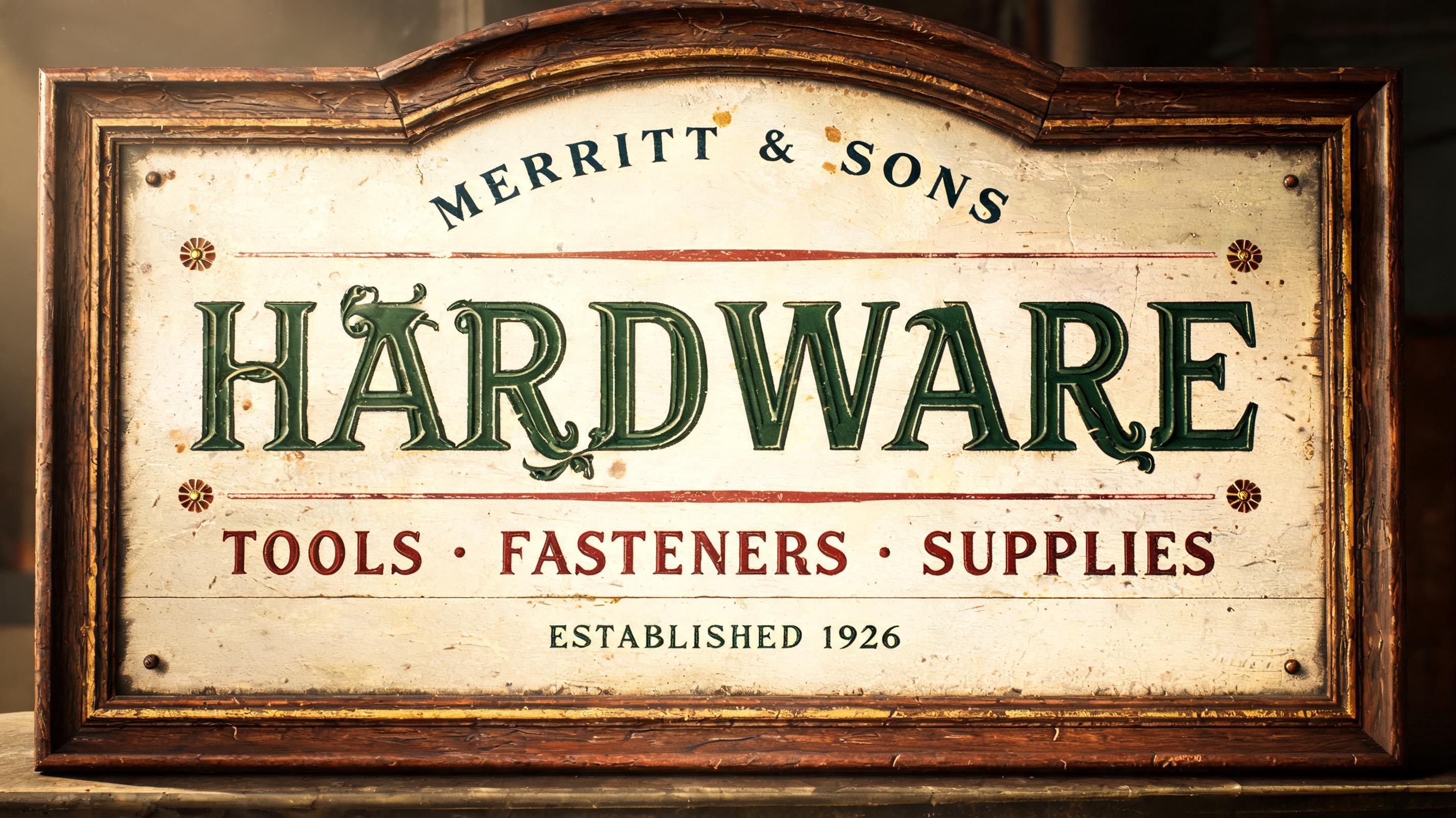 "HARDWARE
MERRITT & SONS
TOOLS · FASTENERS · SUPPLIES
ESTABLISHED 1926" — Vintage | AI Text Effect Generator
