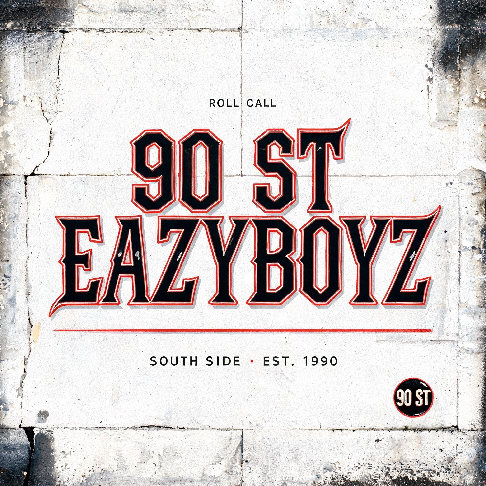 "90 ST
EAZYBOYZ
ROLL CALL
SOUTH SIDE • EST. 1990
90 ST" — Chicano | AI Text Effect Generator