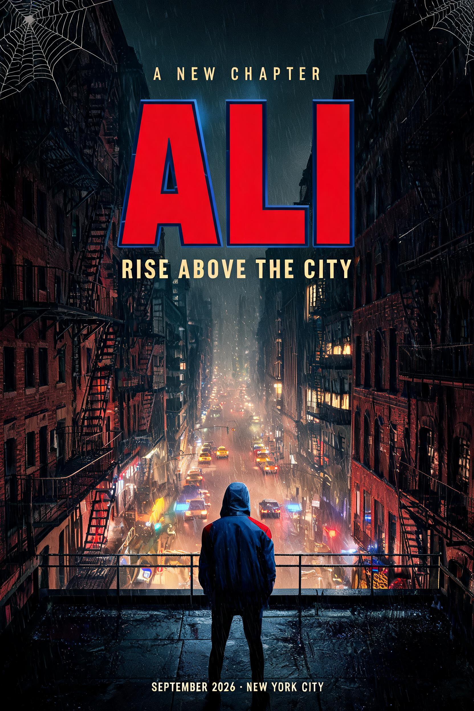 "ALI
A NEW CHAPTER
RISE ABOVE THE CITY
SEPTEMBER 2026 · NEW YORK CITY" — Spider Hero text effect