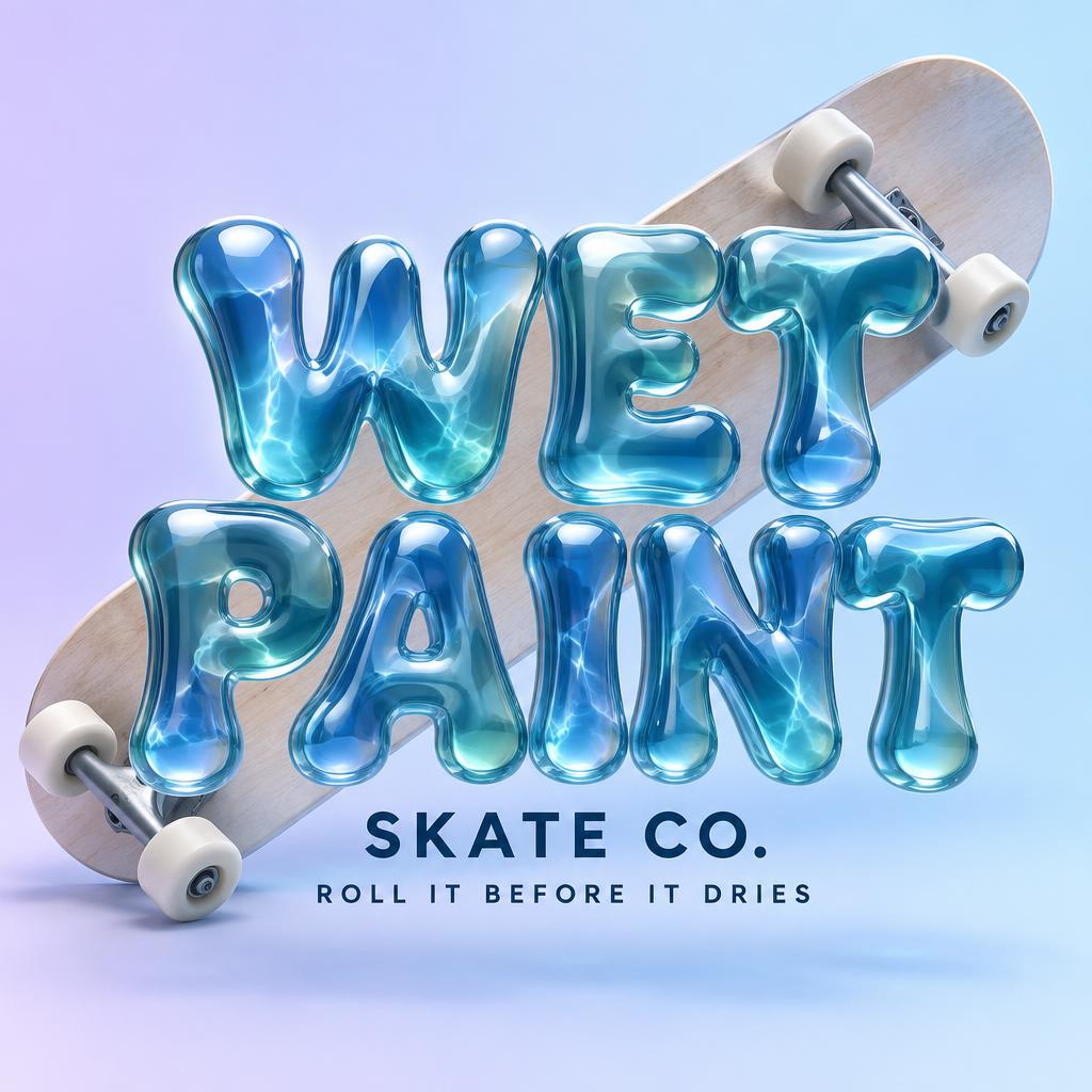 "WET PAINT
SKATE CO.
ROLL IT BEFORE IT DRIES" — Glass Liquid | AI Text Effect Generator