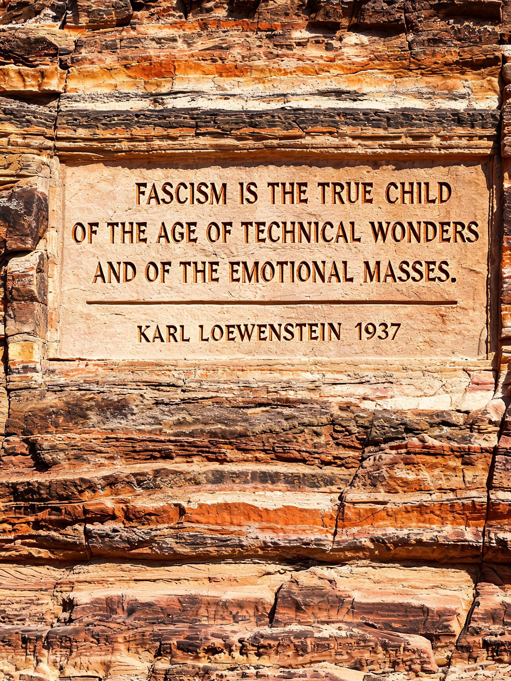 "Fascism is the true child of the age of technical wonders and of the emotional masses.
Karl Loewenstein 1937" —  | AI Text Effect Generator