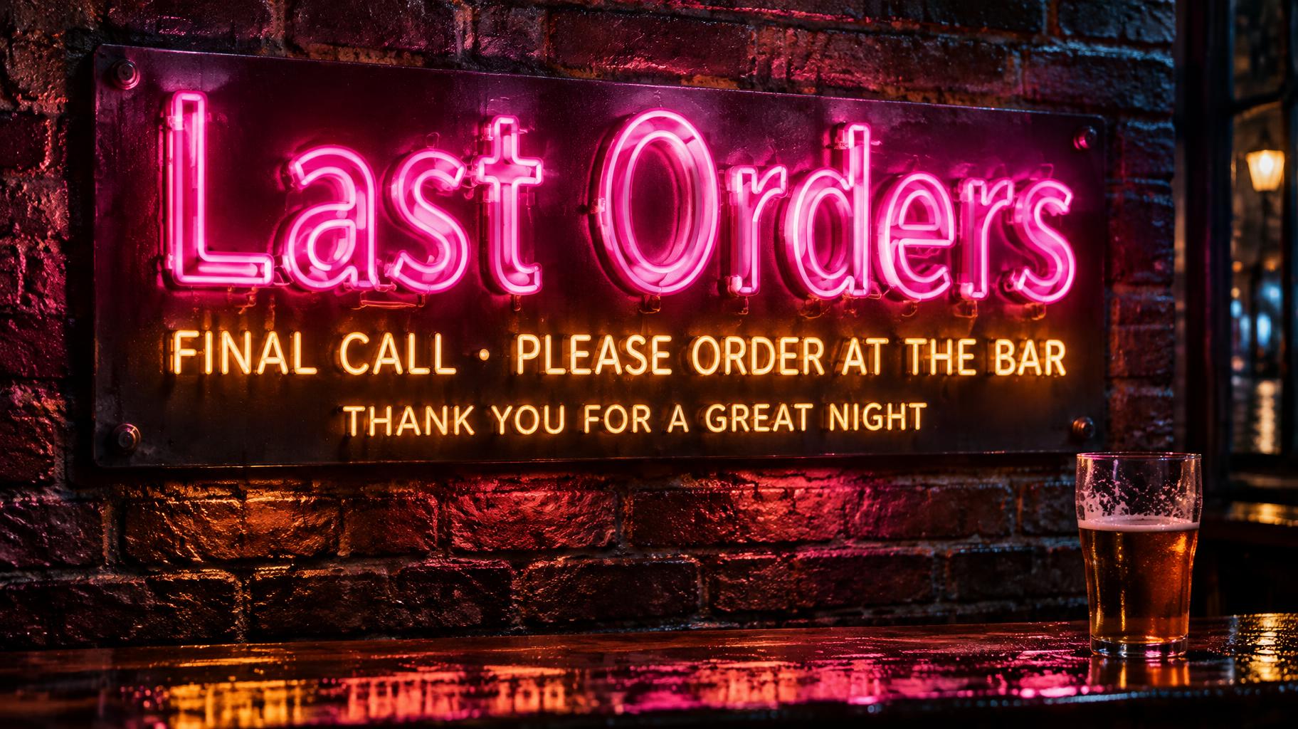 "Last Orders
FINAL CALL · PLEASE ORDER AT THE BAR
THANK YOU FOR A GREAT NIGHT" — neon sign text effect