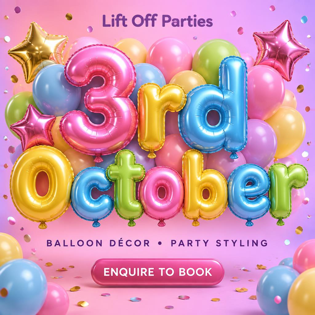 "3rd October
Lift Off Parties
BALLOON DÉCOR • PARTY STYLING
ENQUIRE TO BOOK" — Y2k Bubbly | AI Text Effect Generator