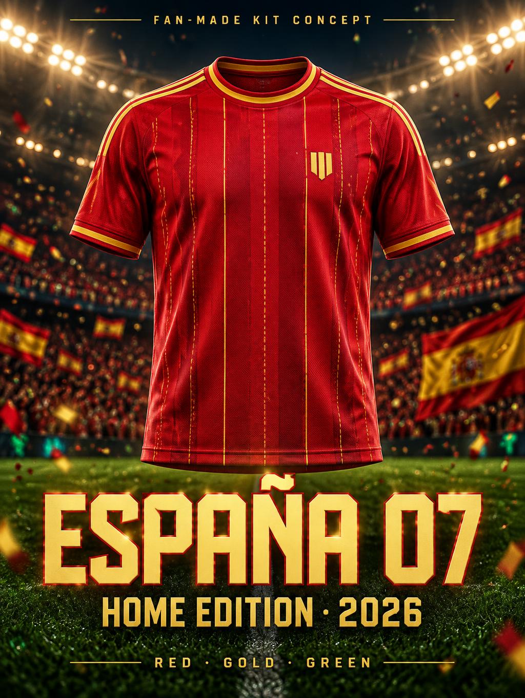 "ESPAÑA 07
FAN-MADE KIT CONCEPT
HOME EDITION · 2026
RED · GOLD · GREEN" — Sports Football | AI Text Effect Generator