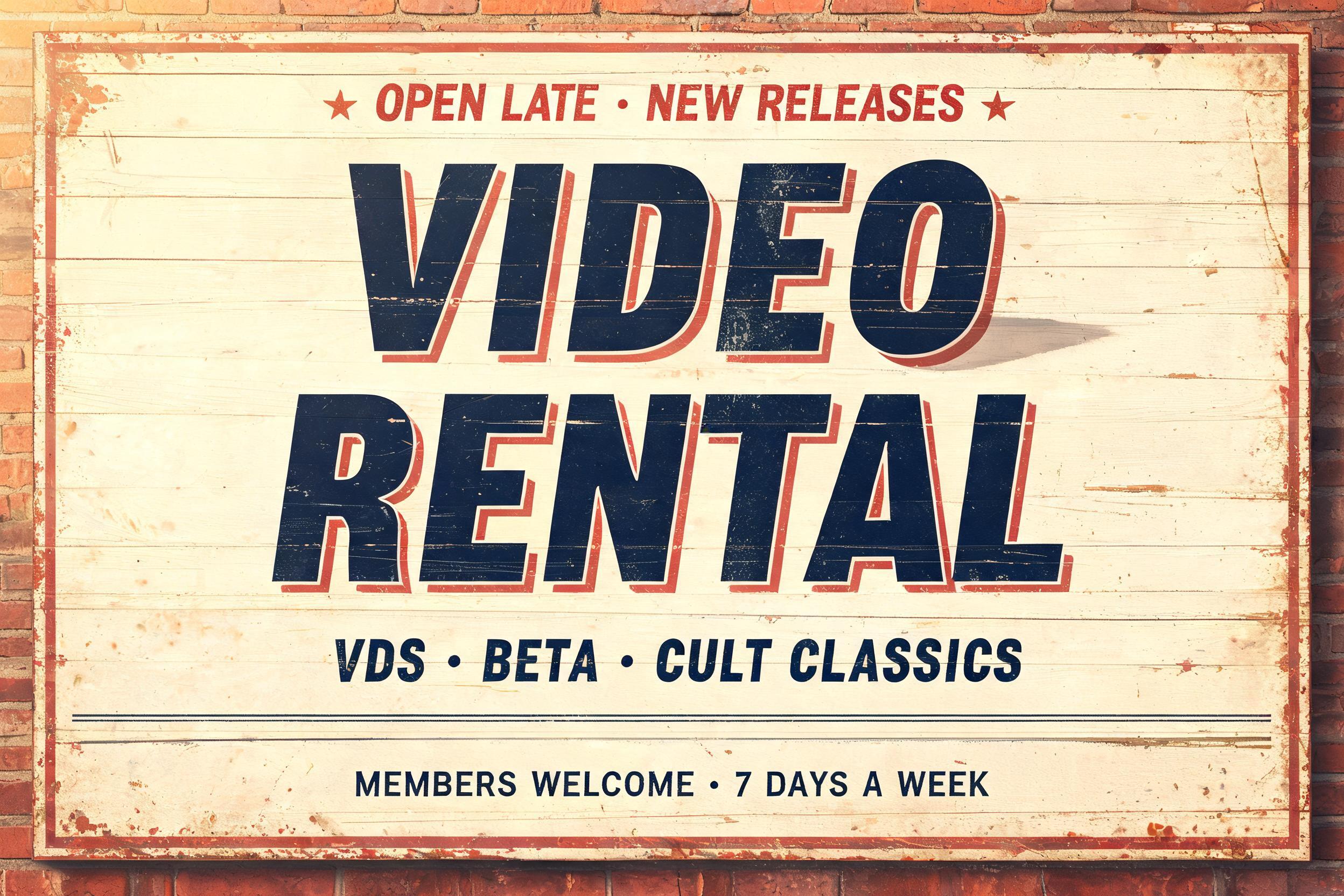 "VIDEO RENTAL
OPEN LATE · NEW RELEASES
VHS · BETA · CULT CLASSICS
MEMBERS WELCOME · 7 DAYS A WEEK" — Vintage text effect