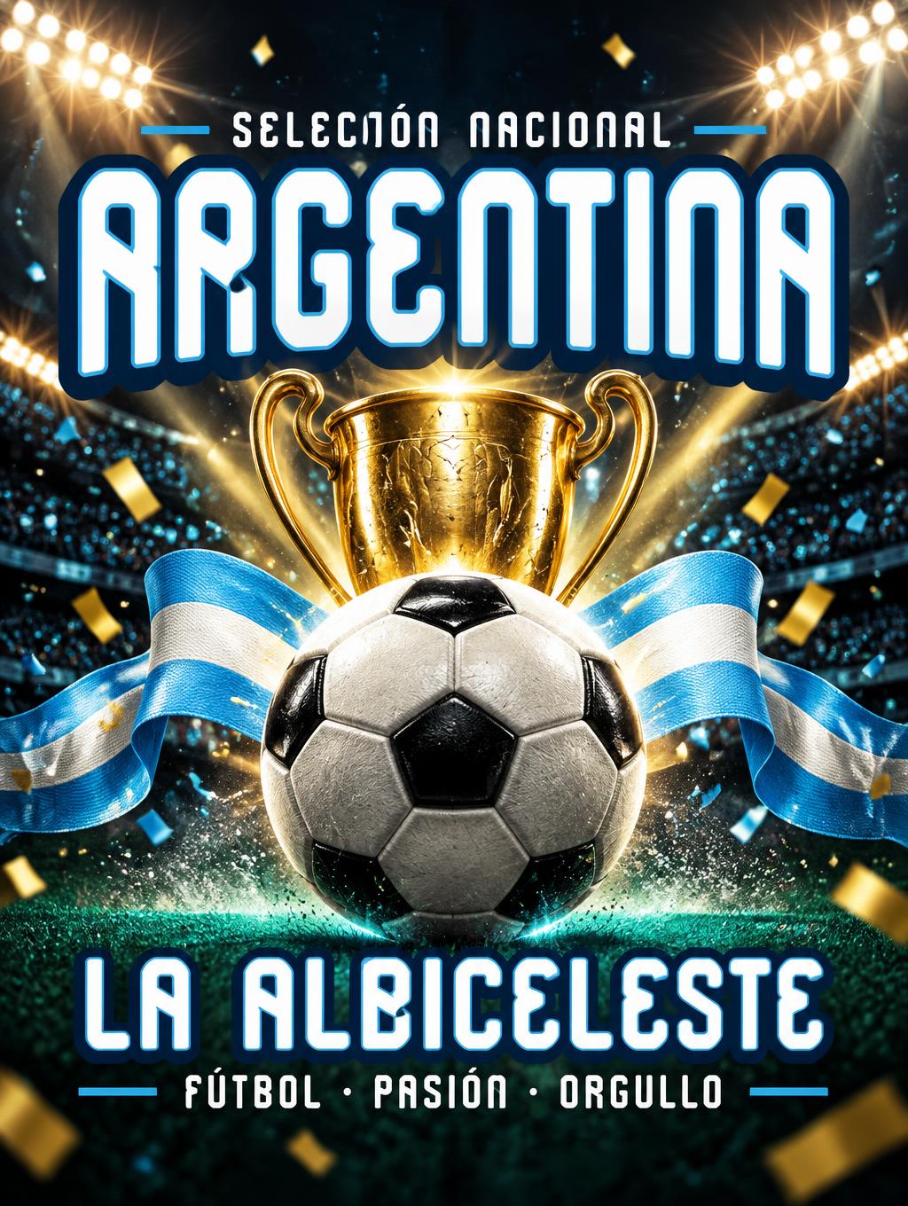 "ARGENTINA
SELECCIÓN NACIONAL
LA ALBICELESTE
FÚTBOL · PASIÓN · ORGULLO" — Sports Football | AI Text Effect Generator