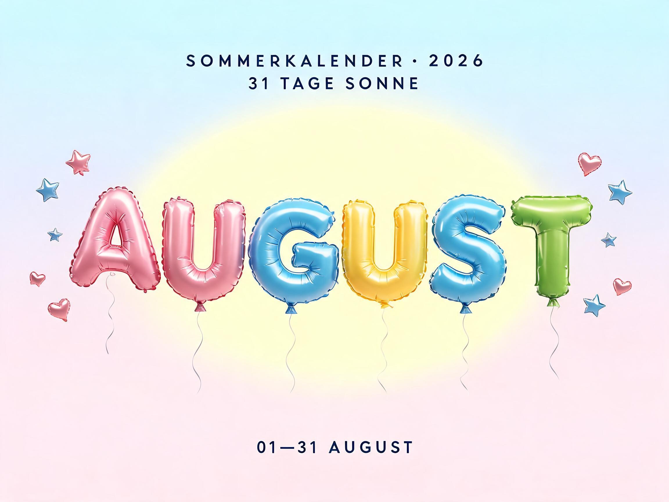 "August
SOMMERKALENDER · 2026
31 TAGE SONNE
01—31 AUGUST" — Y2k Bubbly text effect