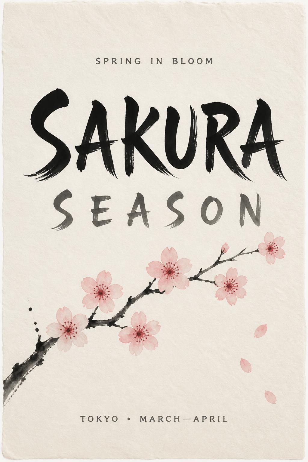 "SAKURA
SEASON
SPRING IN BLOOM
TOKYO • MARCH—APRIL" — Brush Japanese Ink | AI Text Effect Generator