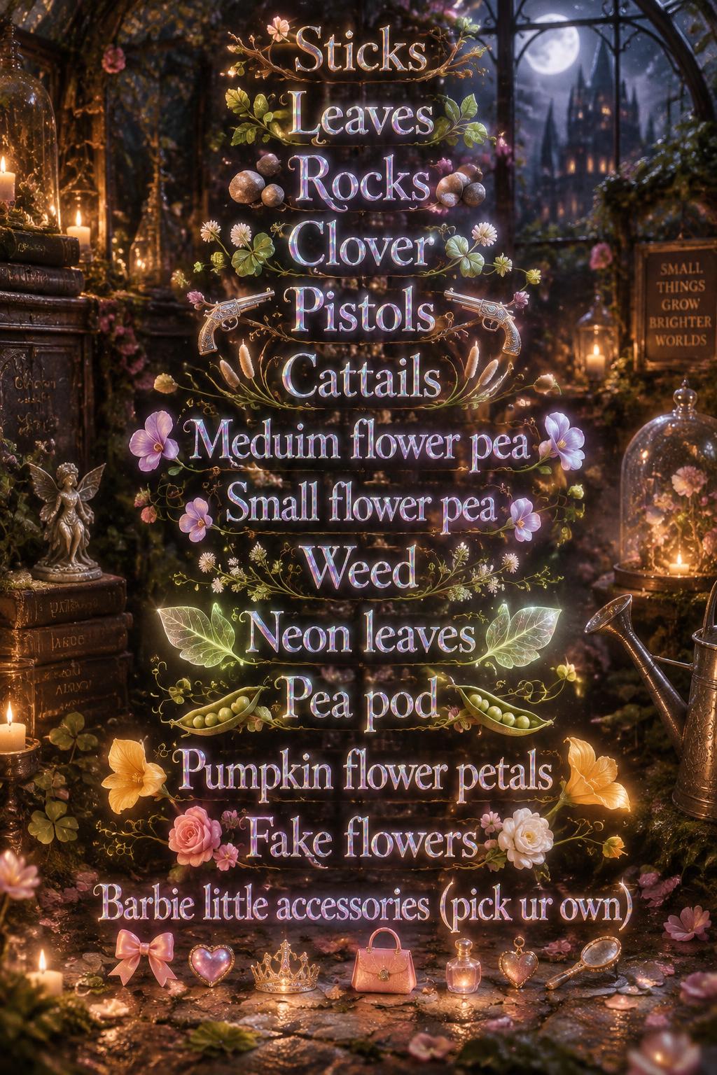 "Sticks
Leaves
Rocks
Clover
Pistols
Cattails 
Meduim flower pea
Small flower pea
Weed
Neon leaves
Pea pod
Pumpkin flower petals
Fake flowers
Barbie little accessories (pick ur own)" — Fairy Tale | AI Text Effect Generator
