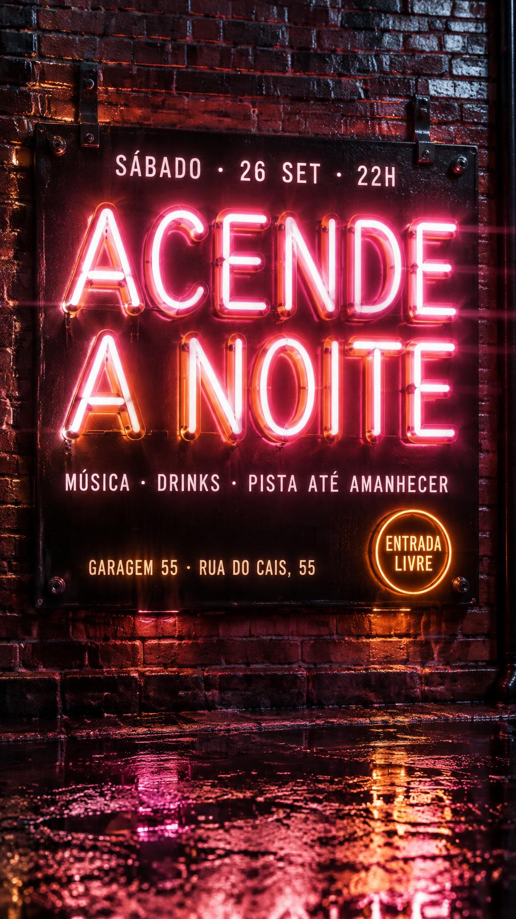 "ACENDE
A NOITE
SÁBADO · 26 SET · 22H
MÚSICA · DRINKS · PISTA ATÉ AMANHECER
GARAGEM 55 · RUA DO CAIS, 55
ENTRADA LIVRE" — Neon Sign | AI Text Effect Generator