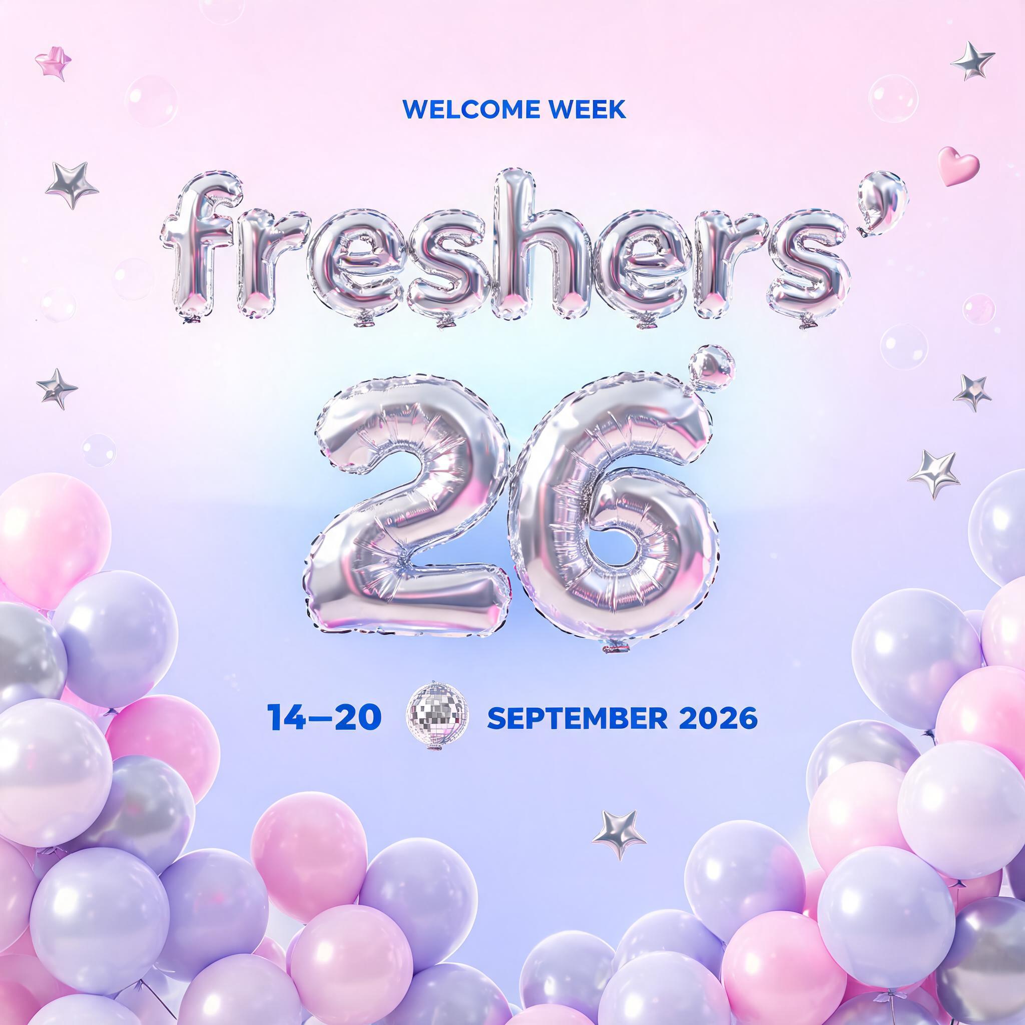 "freshers’26
WELCOME WEEK
14–20 SEPTEMBER 2026" — Y2k Bubbly | AI Text Effect Generator