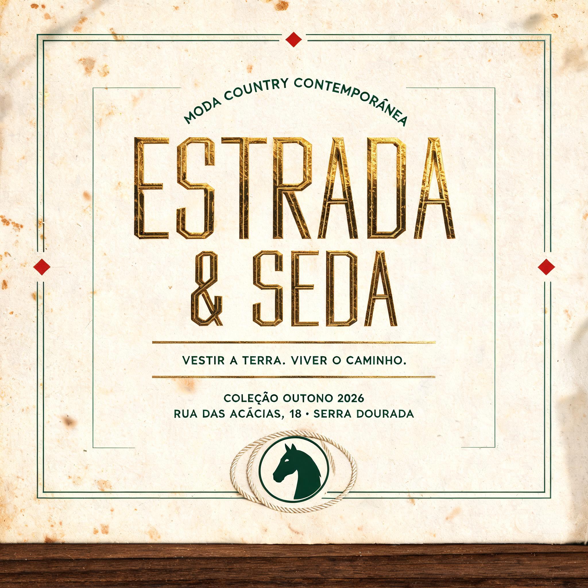 "ESTRADA & SEDA
MODA COUNTRY CONTEMPORÂNEA
VESTIR A TERRA. VIVER O CAMINHO.
COLEÇÃO OUTONO 2026
RUA DAS ACÁCIAS, 18 · SERRA DOURADA" — Vintage | AI Text Effect Generator