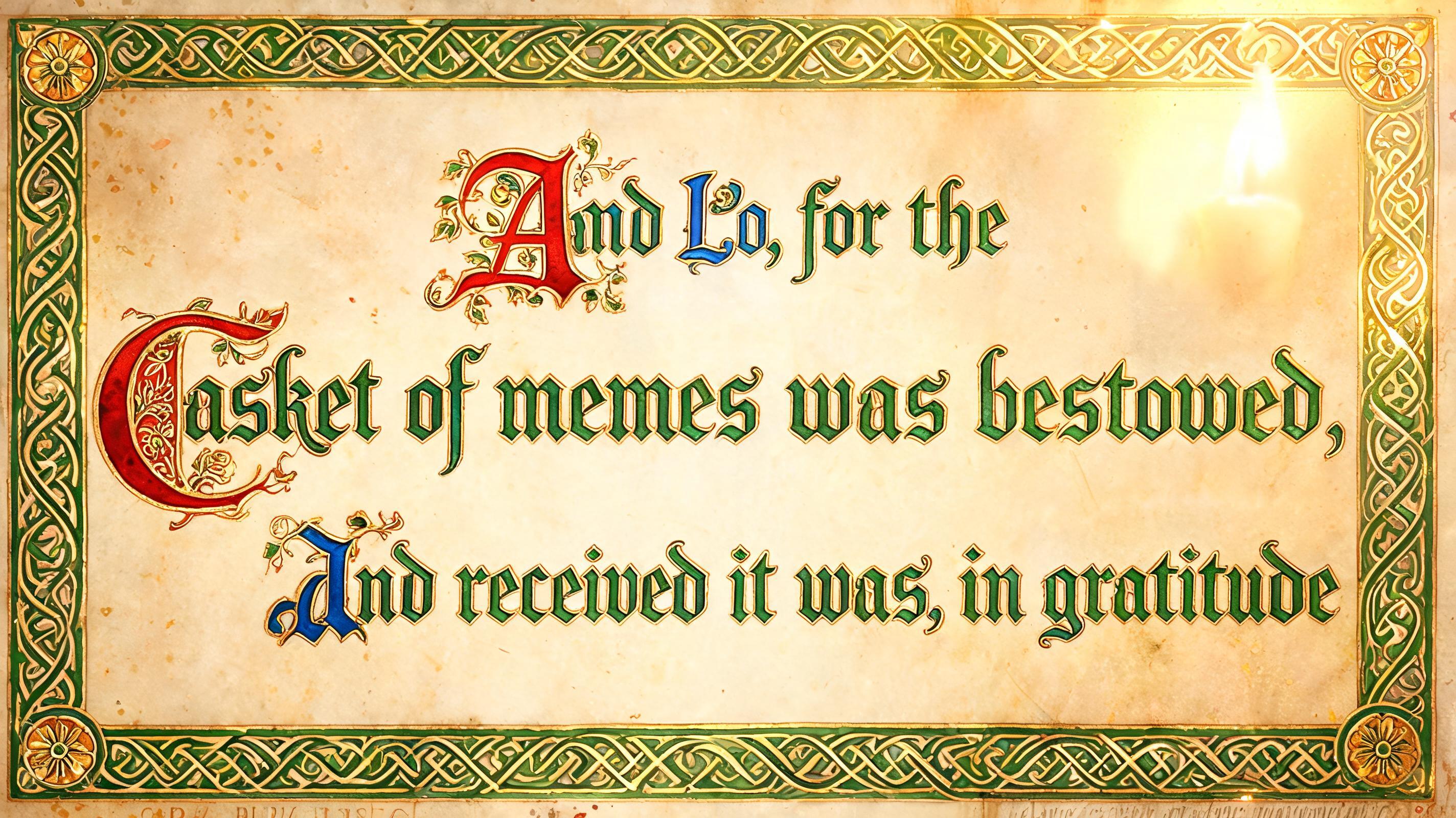 "And Lo, for the Casket of memes was bestowed, and received it was, in gratitude" — Medieval | AI Text Effect Generator