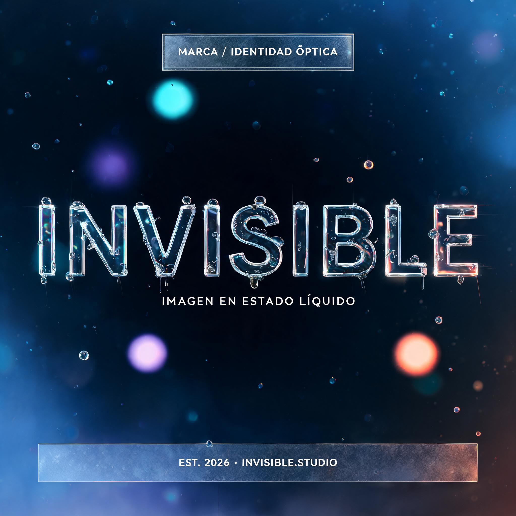 "INVISIBLE
MARCA / IDENTIDAD ÓPTICA
IMAGEN EN ESTADO LÍQUIDO
EST. 2026 · INVISIBLE.STUDIO" — Glass Morphism text effect
