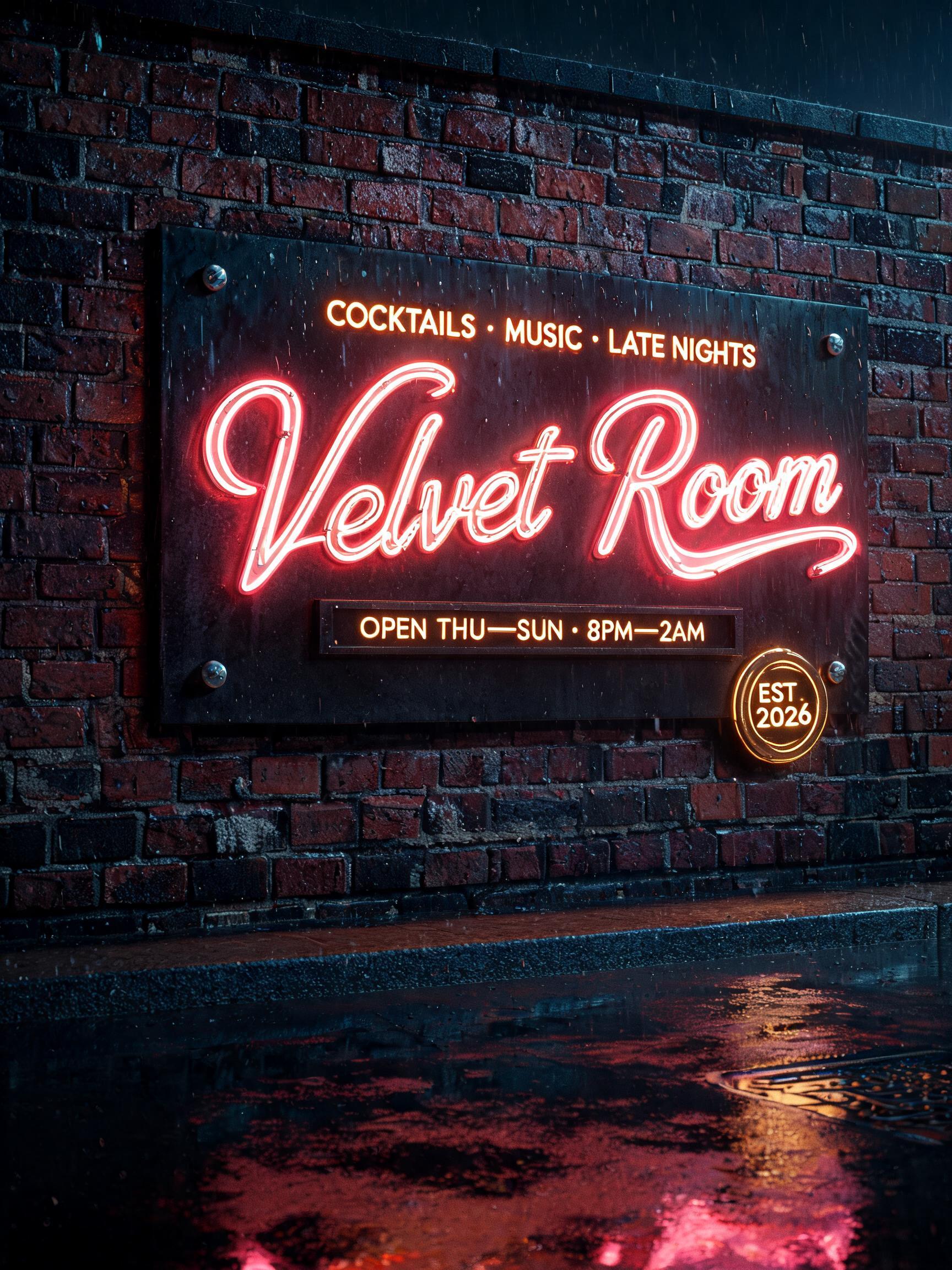 "Velvet Room
COCKTAILS • MUSIC • LATE NIGHTS
OPEN THU—SUN • 8PM—2AM
EST. 2026" — Neon Sign | AI Text Effect Generator