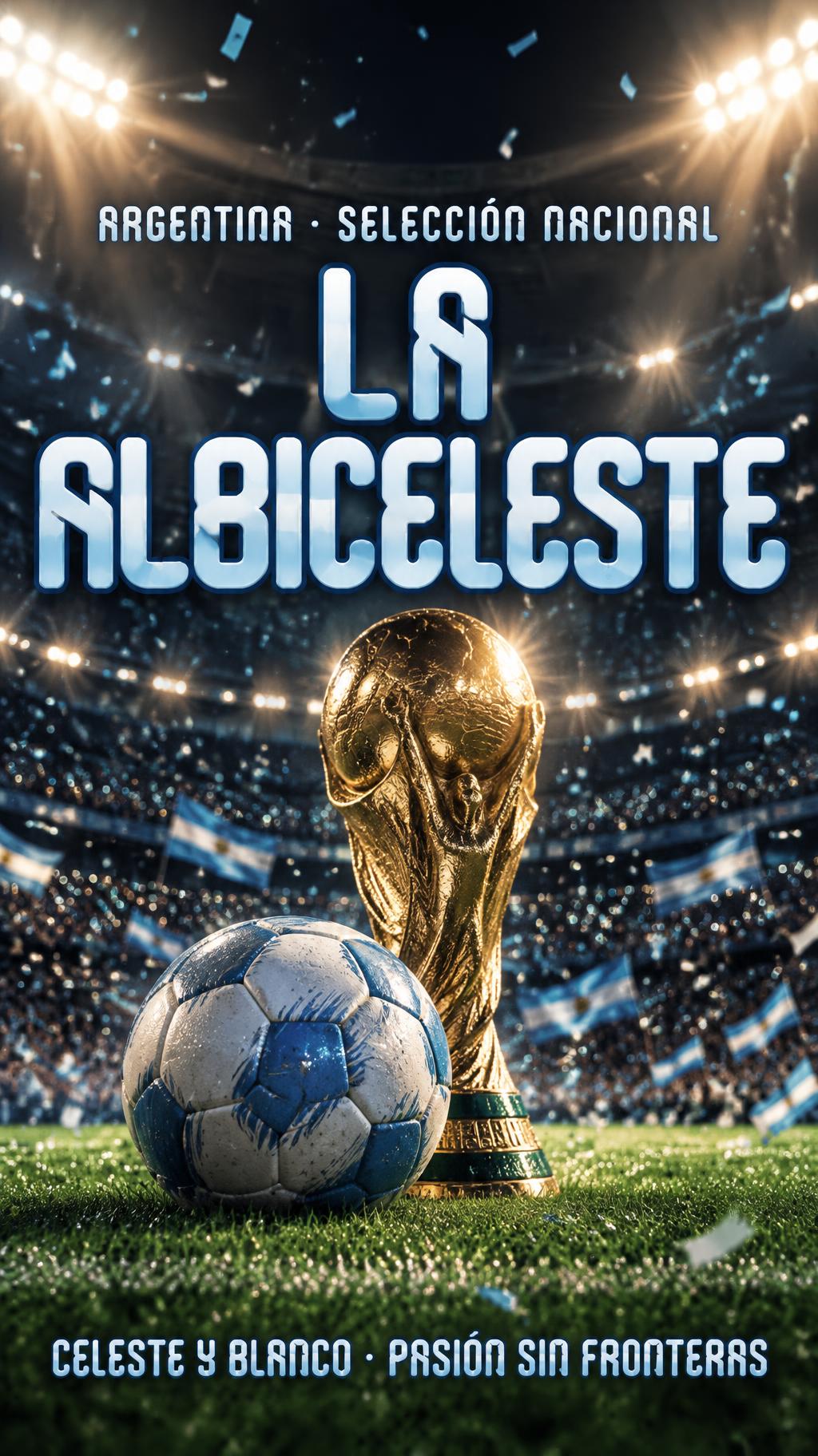 "LA ALBICELESTE
ARGENTINA · SELECCIÓN NACIONAL
CELESTE Y BLANCO · PASIÓN SIN FRONTERAS" — Sports Football | AI Text Effect Generator