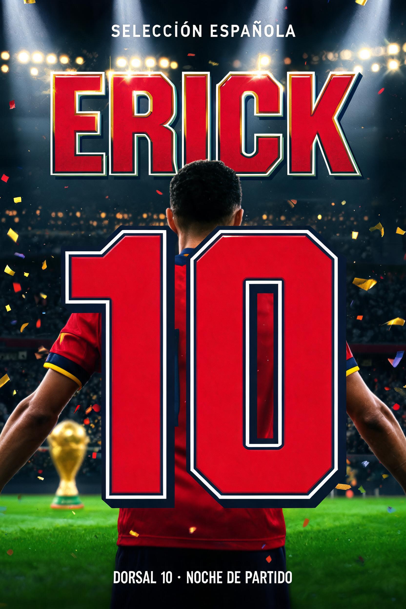 "ERICK
10
SELECCIÓN ESPAÑOLA
DORSAL 10 · NOCHE DE PARTIDO" — Sports Football | AI Text Effect Generator