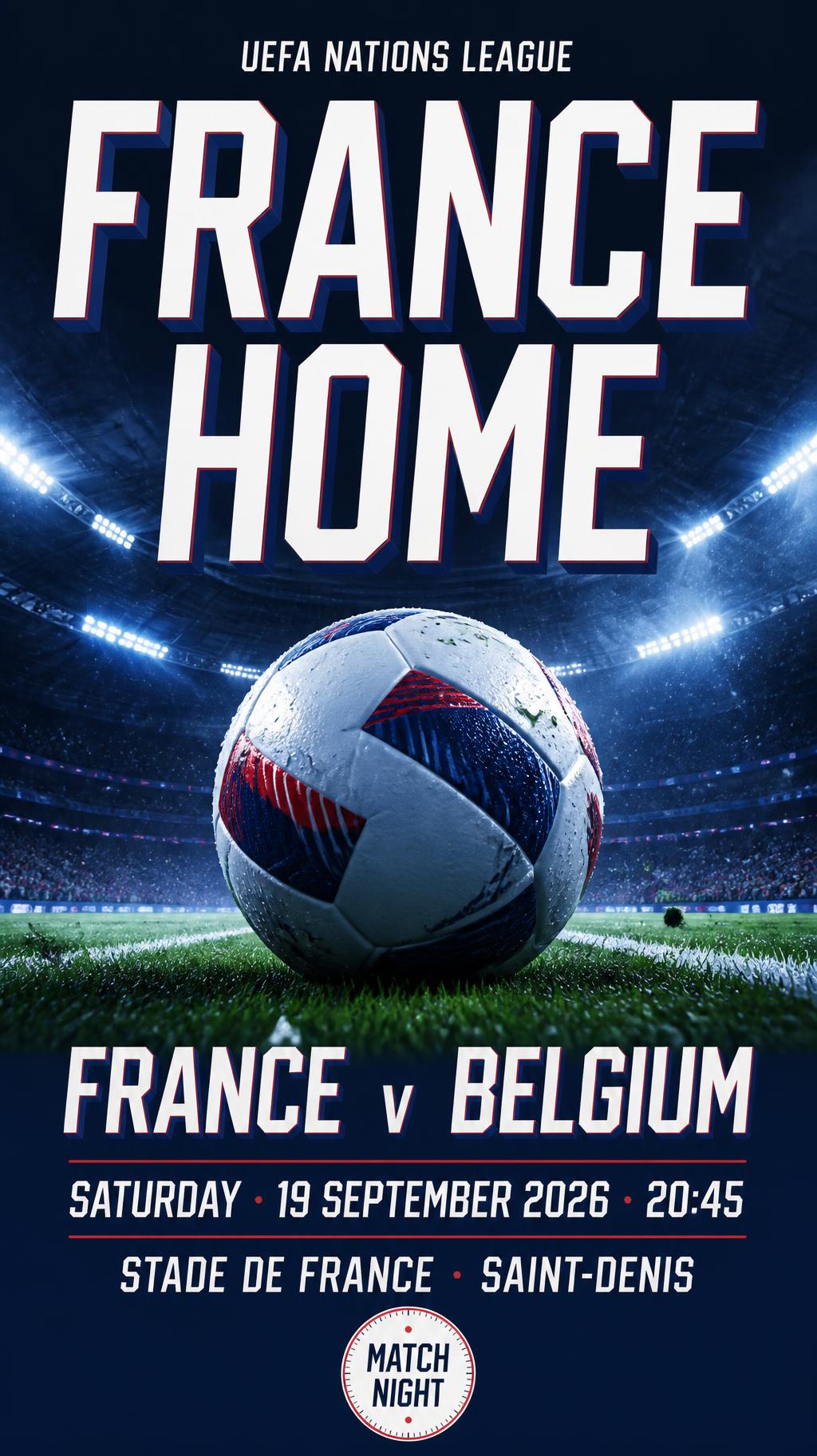 "FRANCE
HOME
UEFA NATIONS LEAGUE
FRANCE  v  BELGIUM
SATURDAY · 19 SEPTEMBER 2026 · 20:45
STADE DE FRANCE · SAINT-DENIS
MATCH NIGHT" —  | AI Text Effect Generator