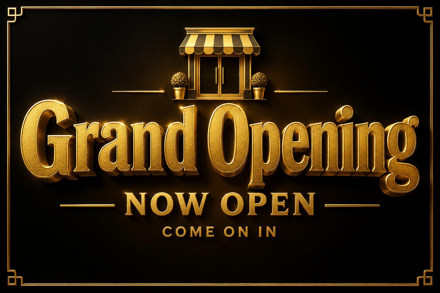 "Grand Opening
NOW OPEN
COME ON IN" — 3d Bold Gold | AI Text Effect Generator