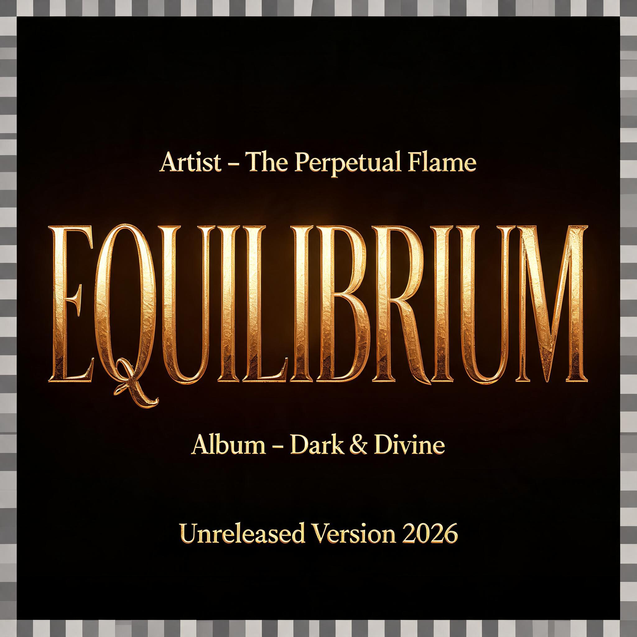 "Artist - The Perpetual Flame
Song - EQUILIBRIUM
Album - Dark & Divine
Unreleased Version 2026" — 3d Bold Gold | AI Text Effect Generator