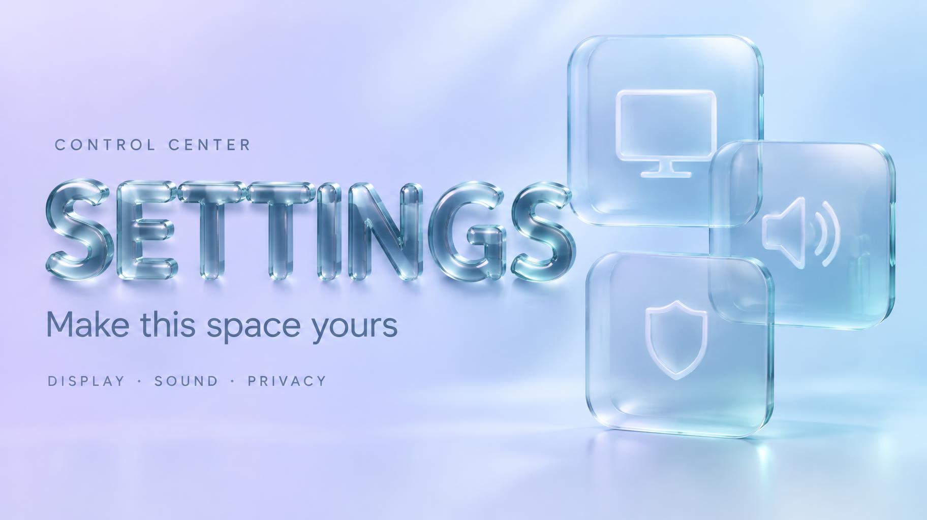 "SETTINGS
CONTROL CENTER
Make this space yours
DISPLAY · SOUND · PRIVACY" — Glass Liquid | AI Text Effect Generator