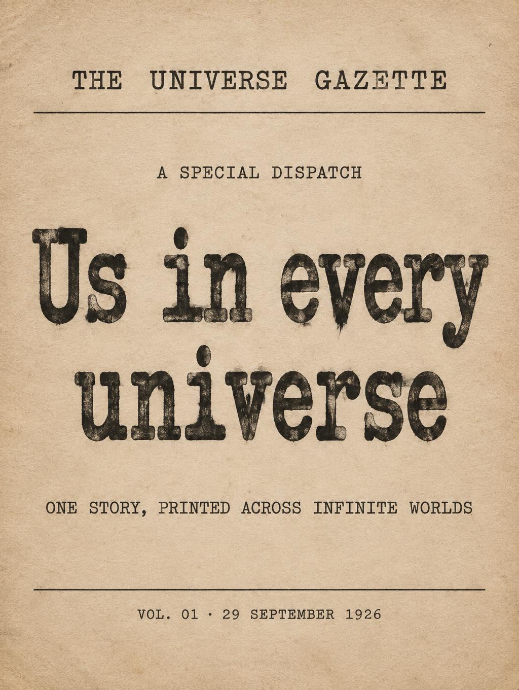 "Us in every universe
THE UNIVERSE GAZETTE
A SPECIAL DISPATCH
ONE STORY, PRINTED ACROSS INFINITE WORLDS
VOL. 01 · 29 SEPTEMBER 1926" — Typewriter text effect