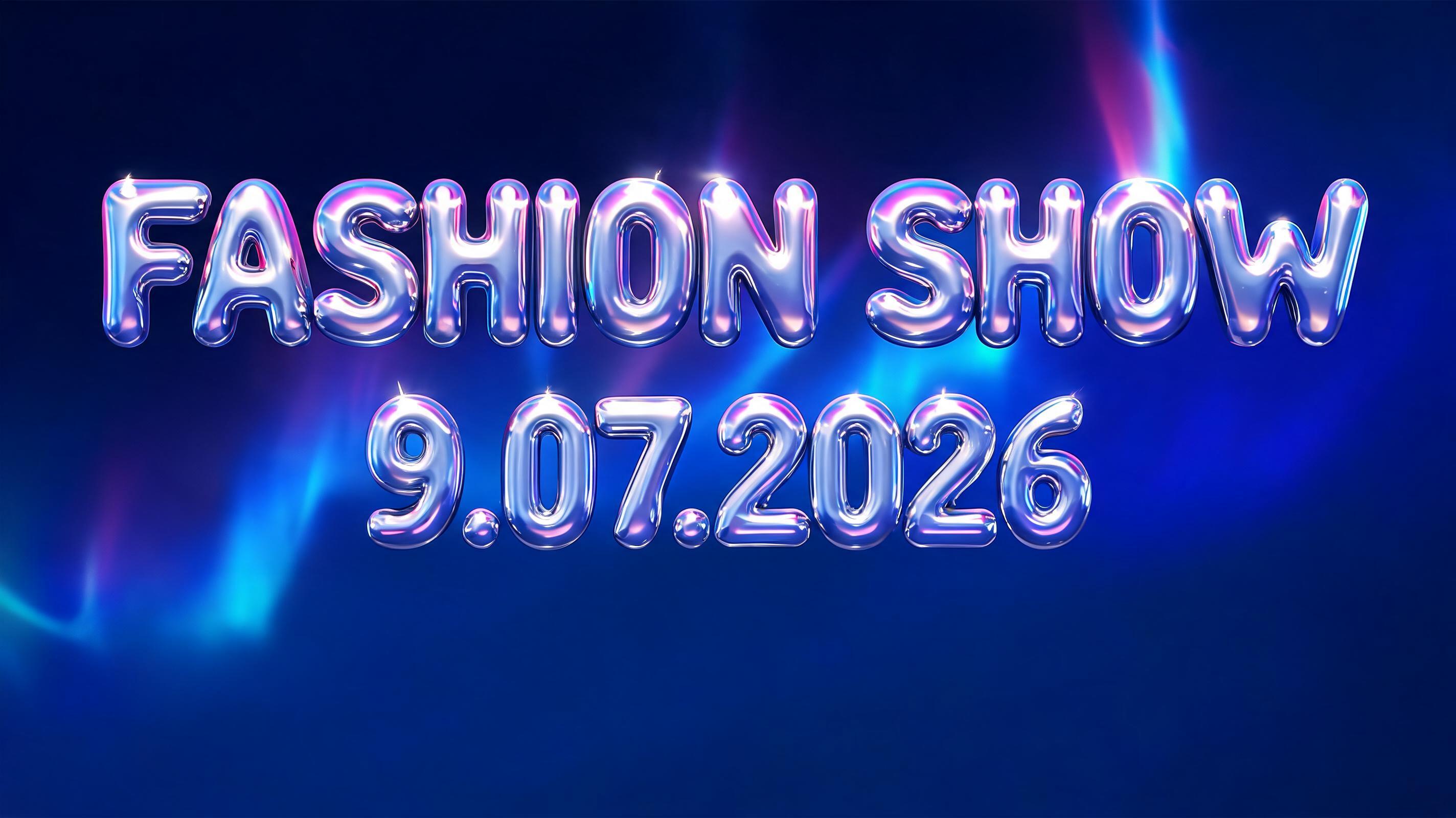 "FASHION SHOW
9.07.2026" — Y2k text effect