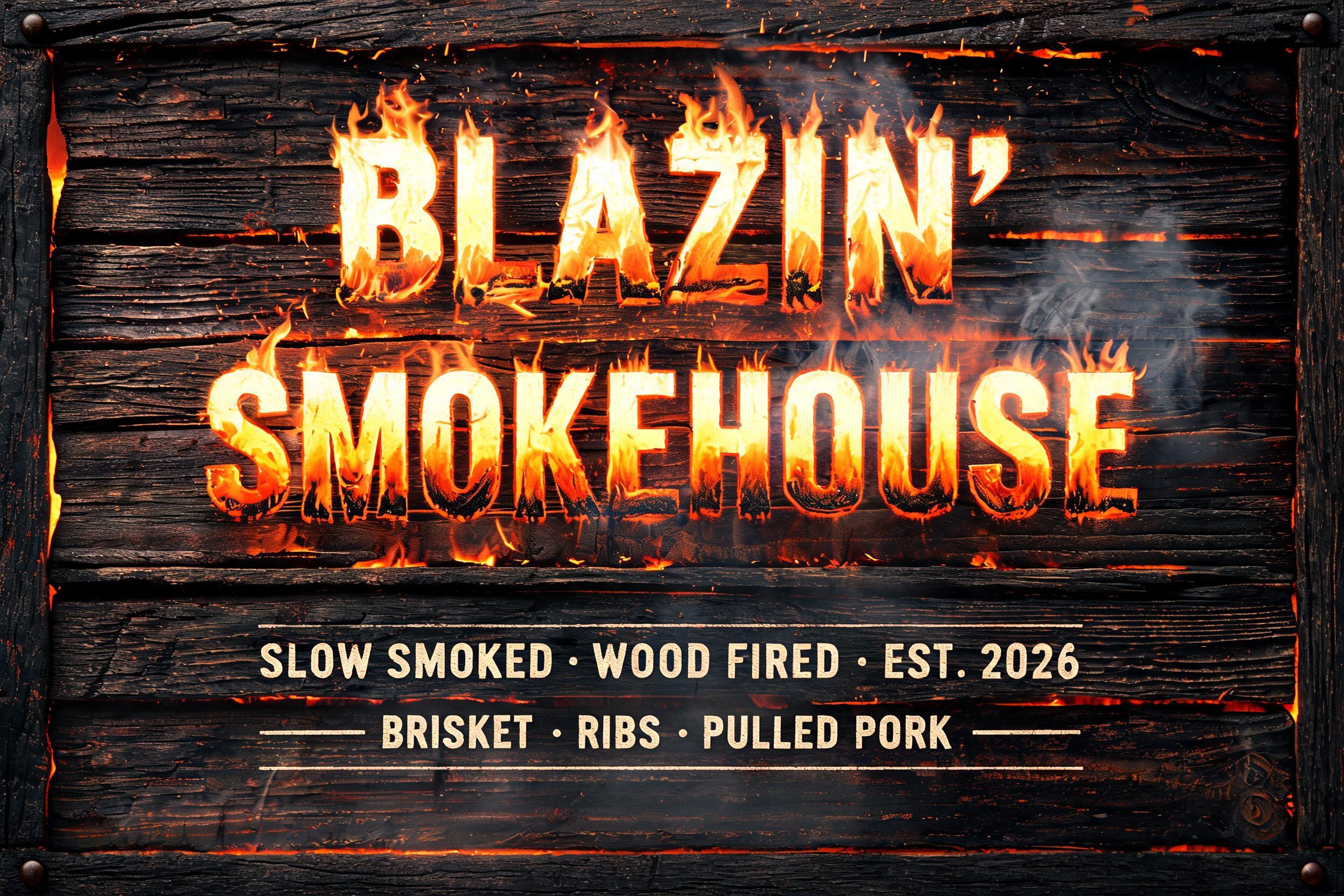 "Give me a BBQ joint sign for Blazin' Smokehouse" — Fire Smoke text effect