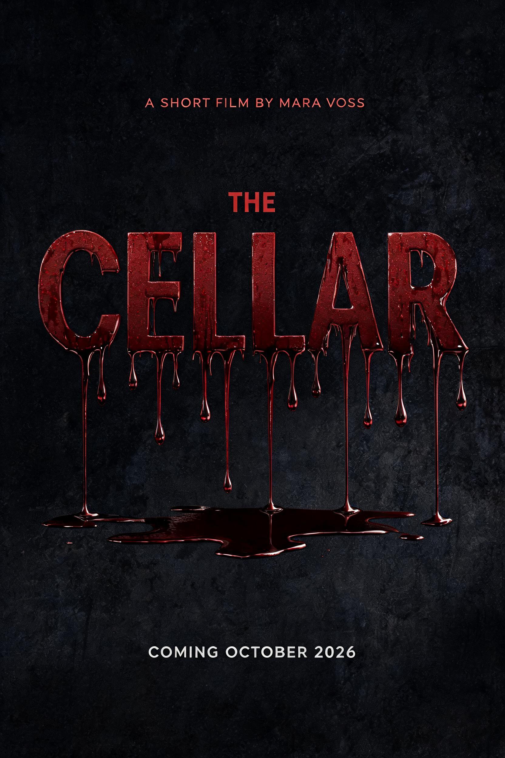"THE CELLAR
A SHORT FILM BY MARA VOSS
COMING OCTOBER 2026" — Drip Font Blood | AI Text Effect Generator