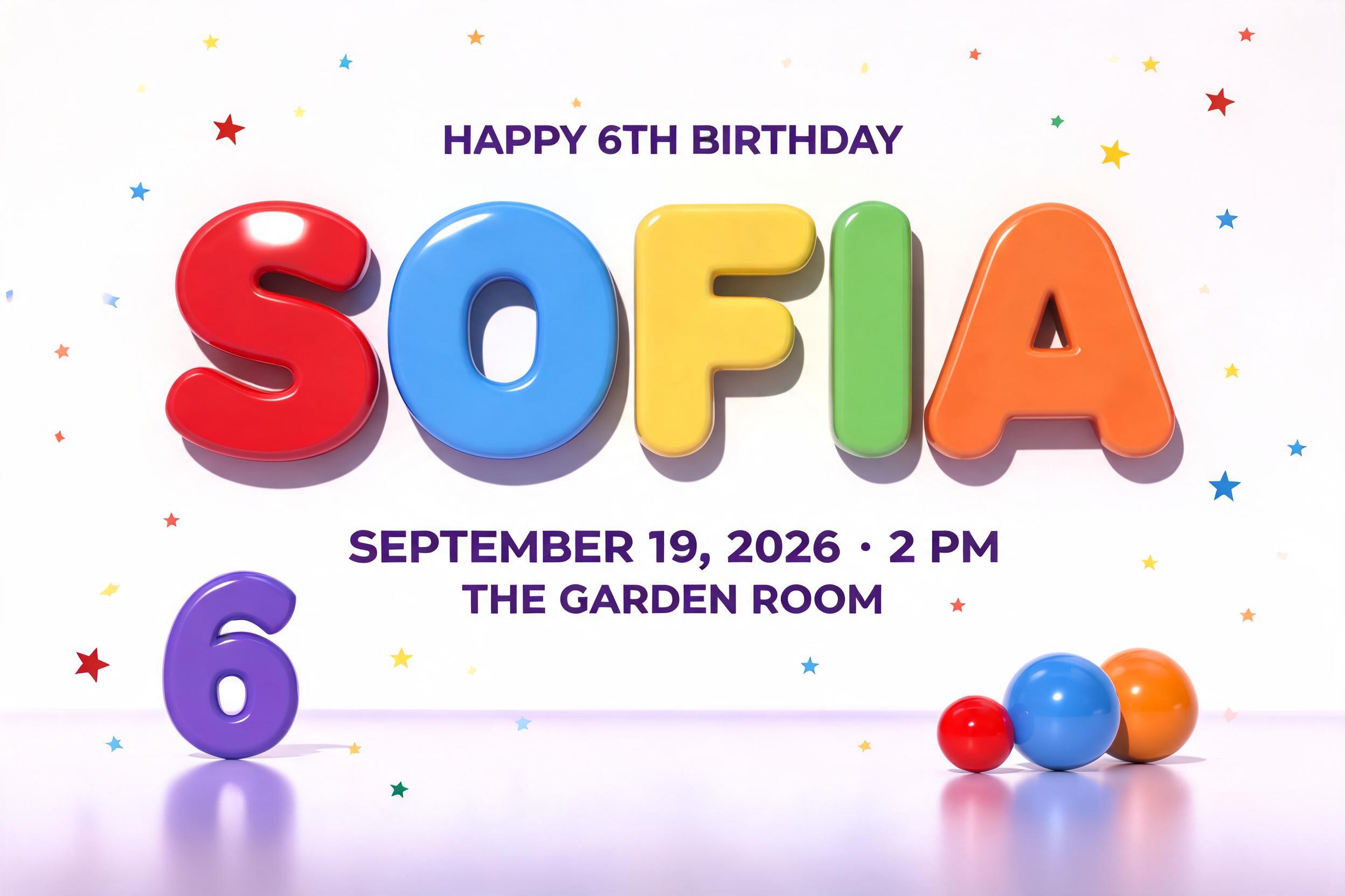 "Sofia
HAPPY 6TH BIRTHDAY
SEPTEMBER 19, 2026 · 2 PM
THE GARDEN ROOM" — 3d Bold | AI Text Effect Generator