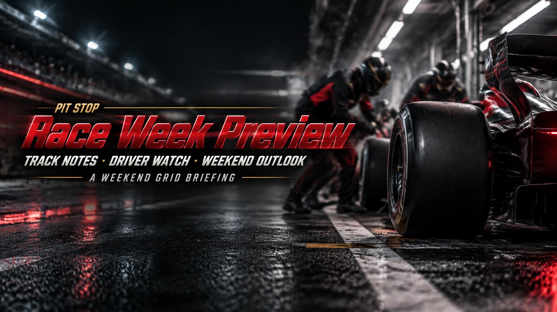 "Race Week Preview
PIT STOP
TRACK NOTES · DRIVER WATCH · WEEKEND OUTLOOK
A WEEKEND GRID BRIEFING" — Racing | AI Text Effect Generator