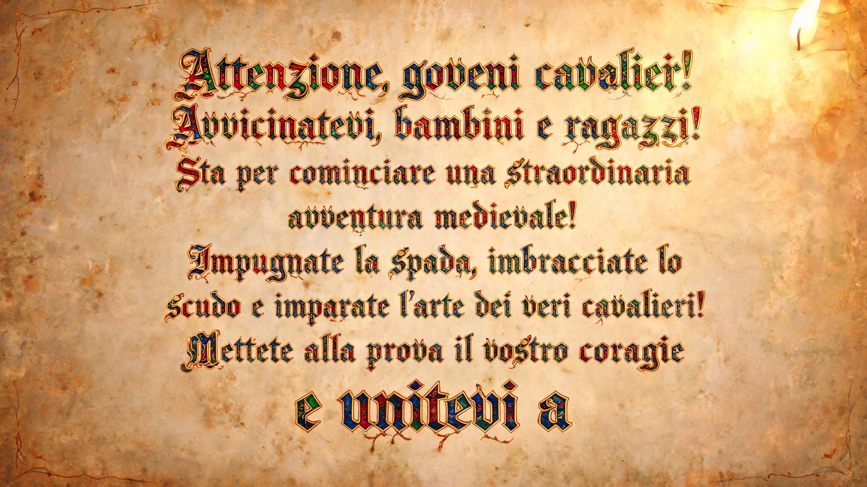 "Attenzione, giovani cavalieri! Avvicinatevi, bambini e ragazzi! Sta per cominciare una straordinaria avventura medievale! Impugnate la spada, imbracciate lo scudo e imparate l'arte dei veri cavalieri! Mettete alla prova il vostro coraggio e unitevi a" — Medieval | AI Text Effect Generator