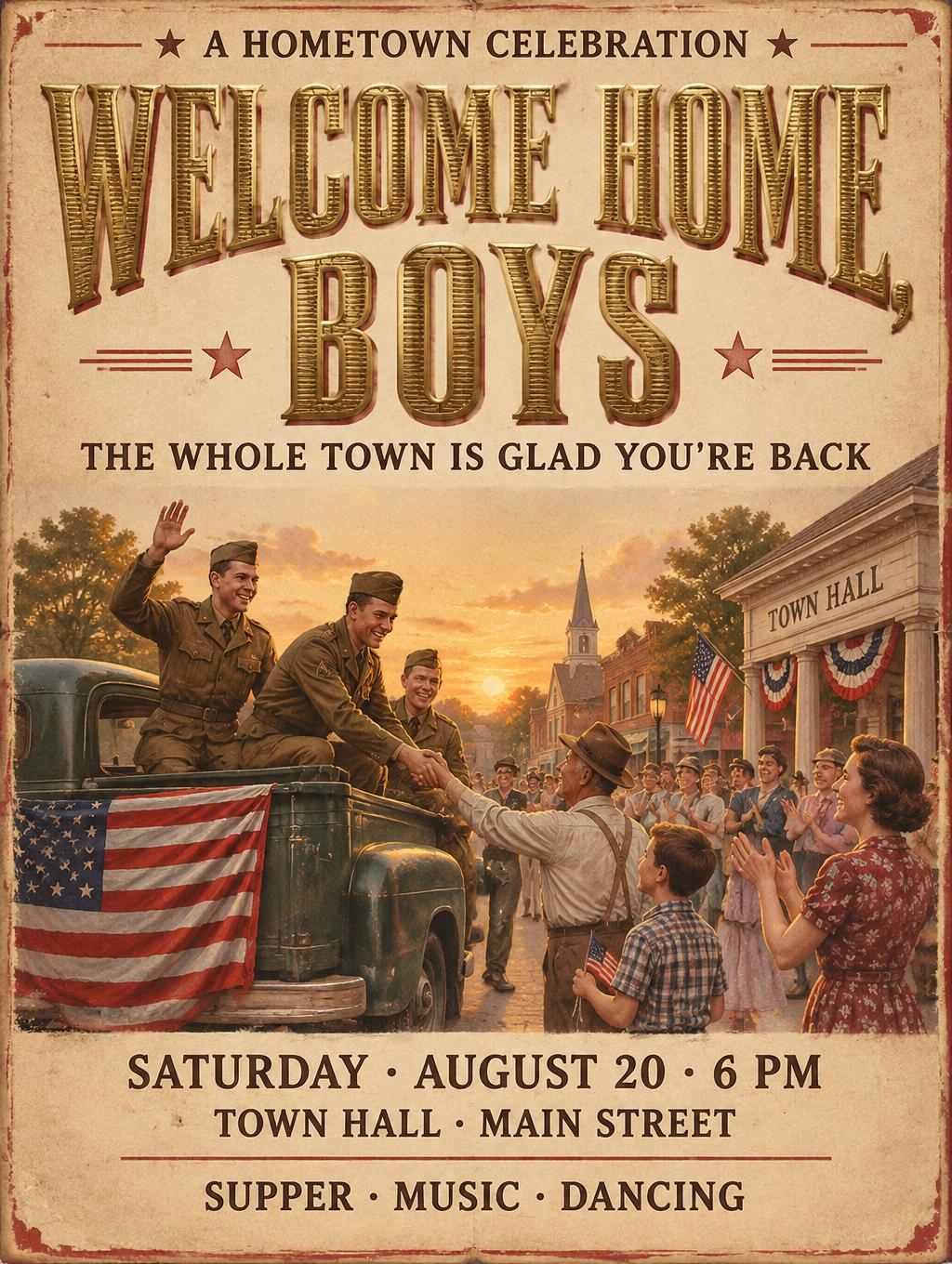 "WELCOME HOME, BOYS
A HOMETOWN CELEBRATION
THE WHOLE TOWN IS GLAD YOU'RE BACK
SATURDAY · AUGUST 20 · 6 PM
TOWN HALL · MAIN STREET
SUPPER · MUSIC · DANCING" — Vintage | AI Text Effect Generator