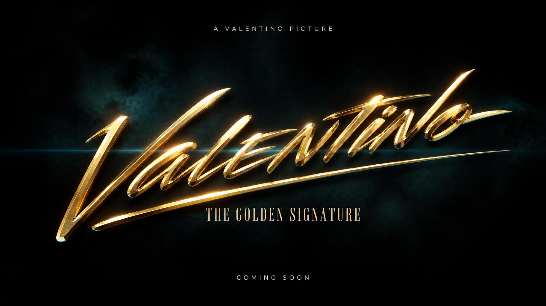 "VALENTINO
A VALENTINO PICTURE
THE GOLDEN SIGNATURE
COMING SOON" — Cinematic | AI Text Effect Generator