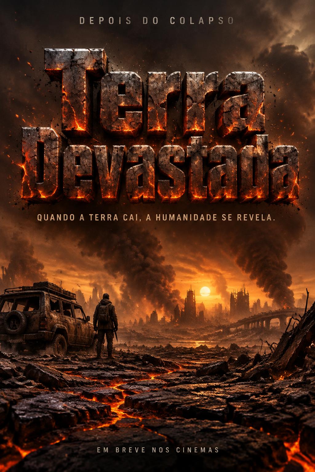 "Terra
Devastada
QUANDO A TERRA CAI, A HUMANIDADE SE REVELA.
DEPOIS DO COLAPSO
EM BREVE NOS CINEMAS" — Post Apocalyptic text effect