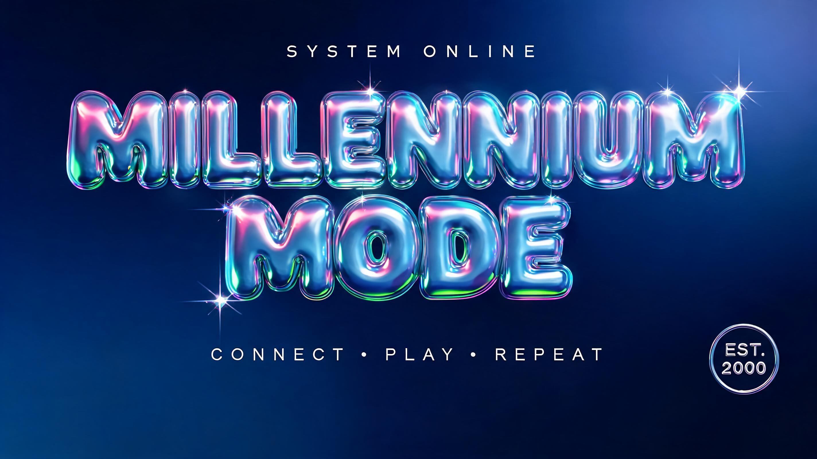 "MILLENNIUM
MODE
SYSTEM ONLINE
CONNECT · PLAY · REPEAT
EST. 2000" — Y2k | AI Text Effect Generator