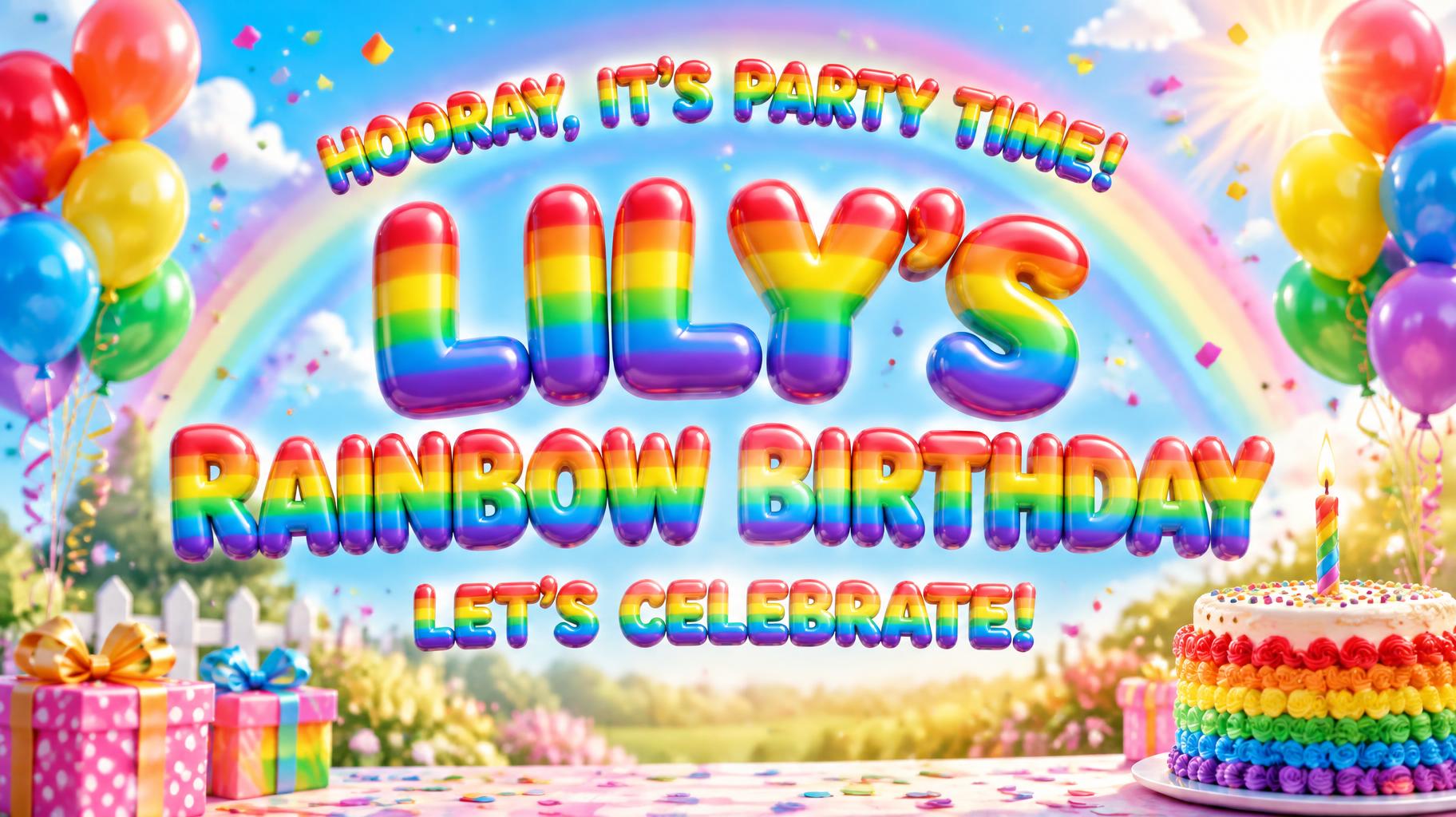 "HOORAY, IT’S PARTY TIME!
LILY’S
RAINBOW BIRTHDAY
LET’S CELEBRATE!" — Rainbow | AI Text Effect Generator