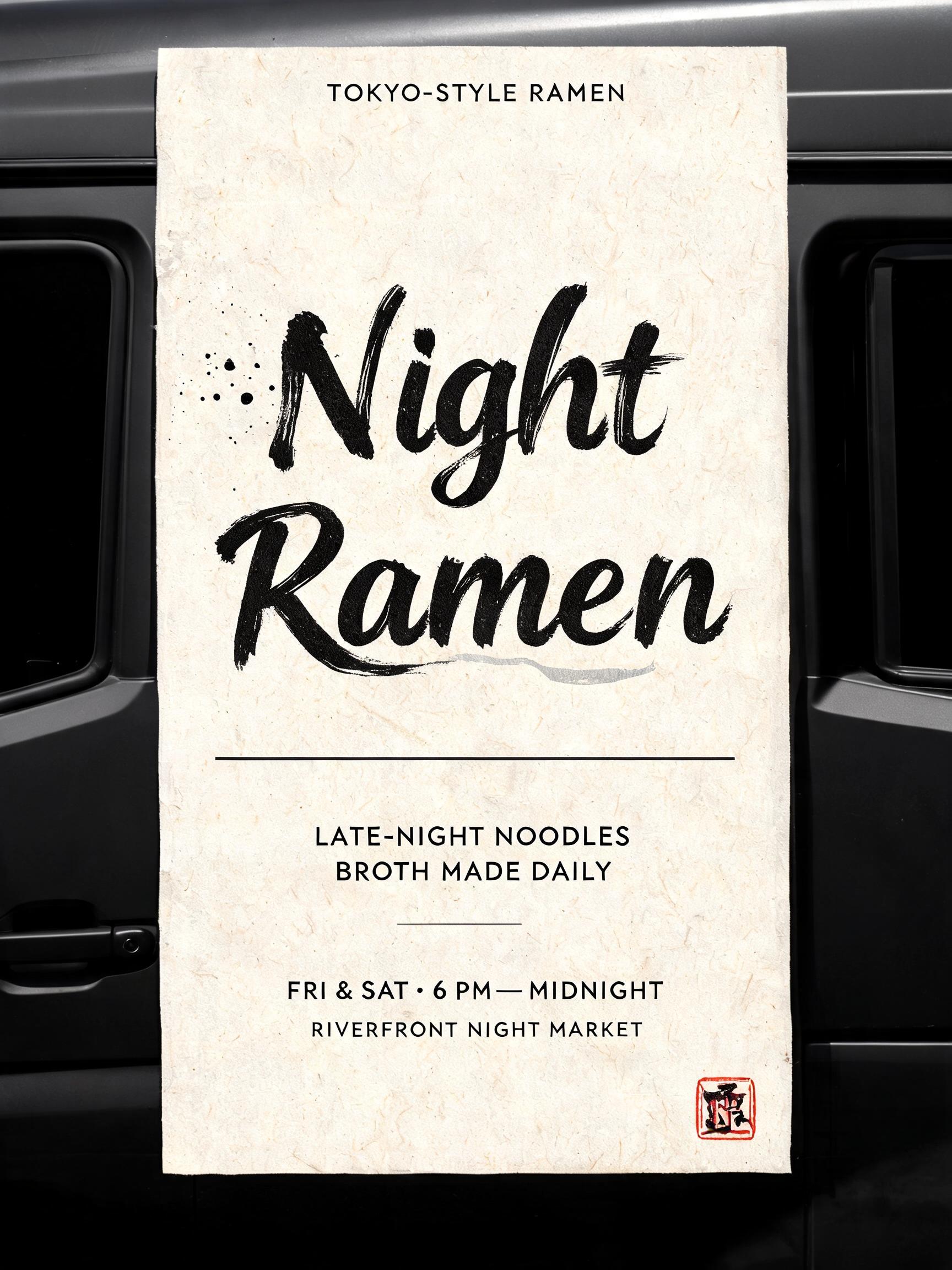 "Night
Ramen
TOKYO-STYLE RAMEN
LATE-NIGHT NOODLES · BROTH MADE DAILY
FRI & SAT · 6 PM — MIDNIGHT
RIVERFRONT NIGHT MARKET" — Brush Japanese Ink | AI Text Effect Generator