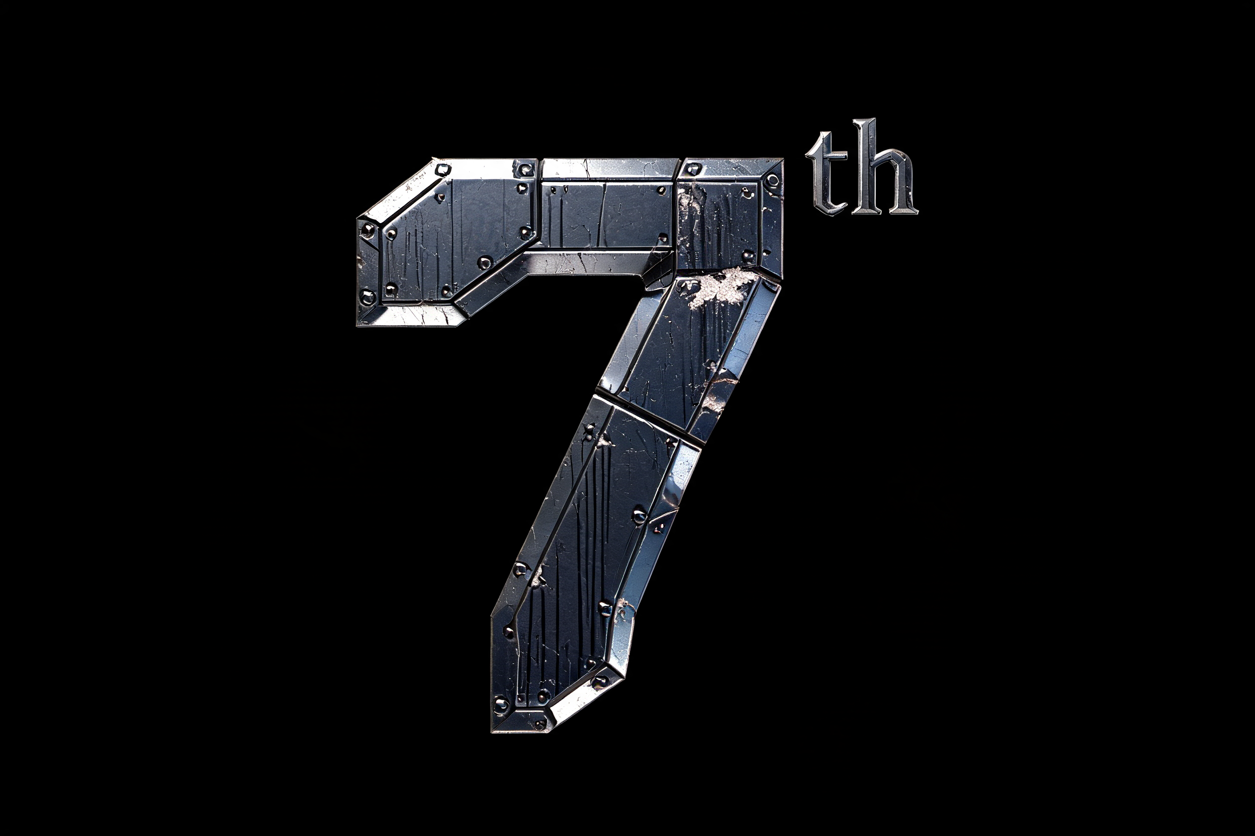 "纯文字logo，单行文字：7 th，海报标题字，金属质感，立体浮雕，锐利硬朗字形，无背景，无多余装饰，透明背景，高清，矢量质感，只保留文字，不要插图，不要边框" — Cyberpunk Bio Mech text effect