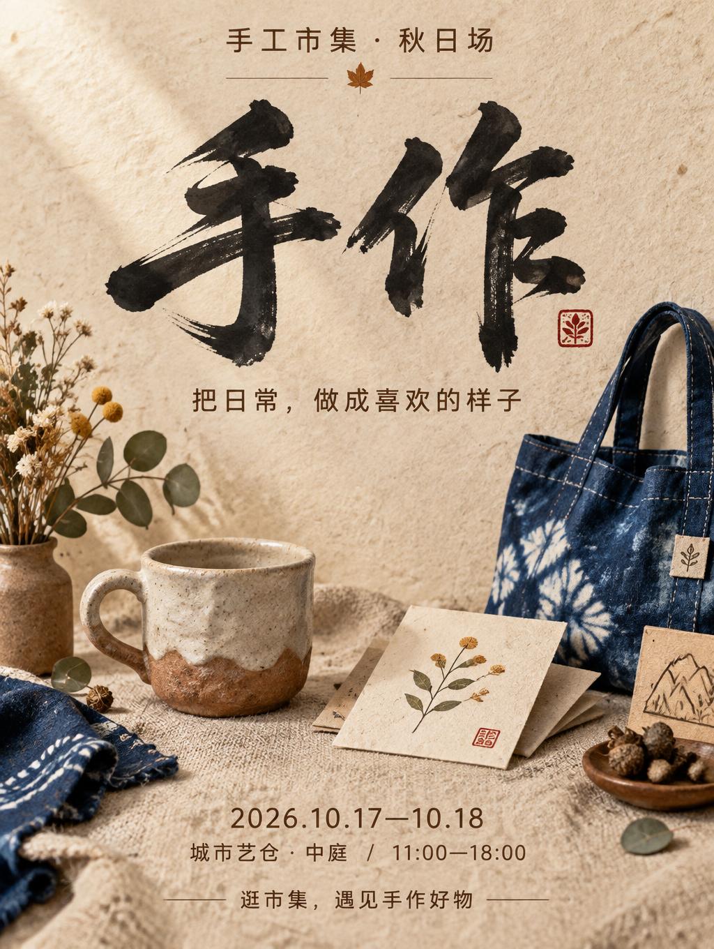 "手作
手工市集 · 秋日场
把日常，做成喜欢的样子
2026.10.17—10.18
城市艺仓 · 中庭  /  11:00—18:00
逛市集，遇见手作好物" — Brush Stroke | AI Text Effect Generator