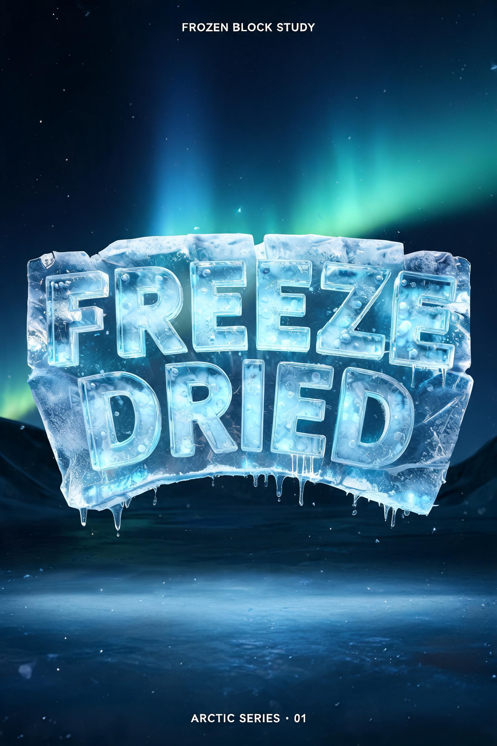 "Make me thick ice letters that say FREEZE DRIED carved from a frozen block and the bottom of the text is curved like it is on a half circle" — Glass Frozen text effect