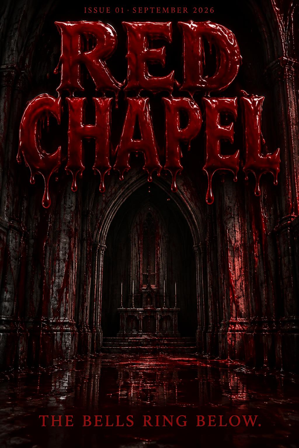 "RED CHAPEL
THE BELLS RING BELOW.
ISSUE 01 · SEPTEMBER 2026" — Drip Font Blood | AI Text Effect Generator