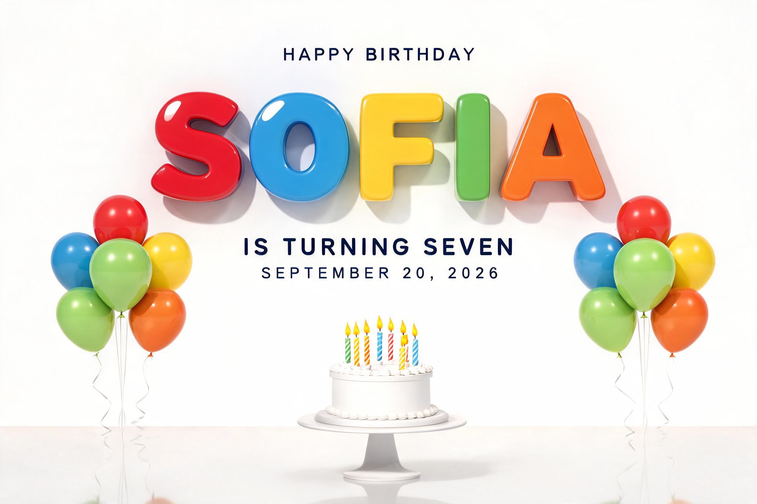 "SOFIA
HAPPY BIRTHDAY
IS TURNING SEVEN
SEPTEMBER 20, 2026" — 3d Bold | AI Text Effect Generator