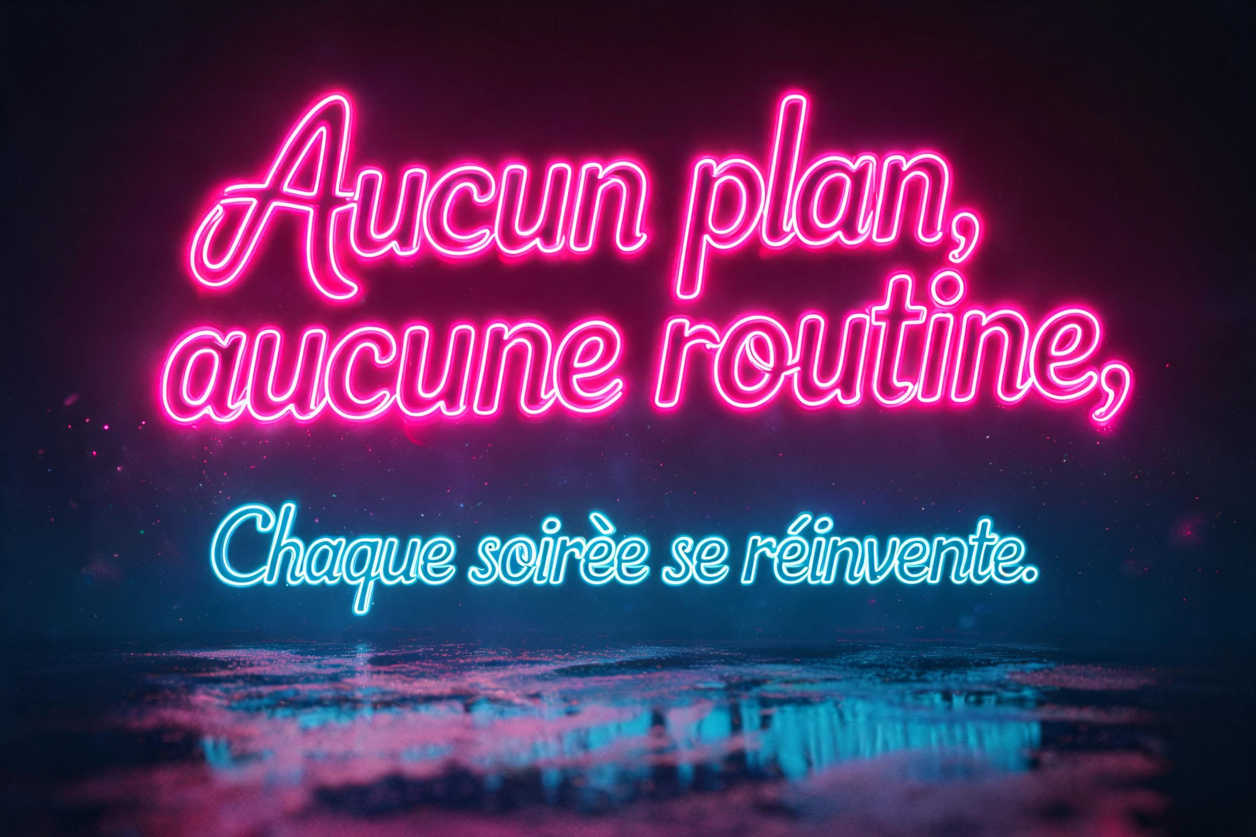 "Aucun plan, aucune routine,
Chaque soirée se réinvente." — Neon Outline | AI Text Effect Generator