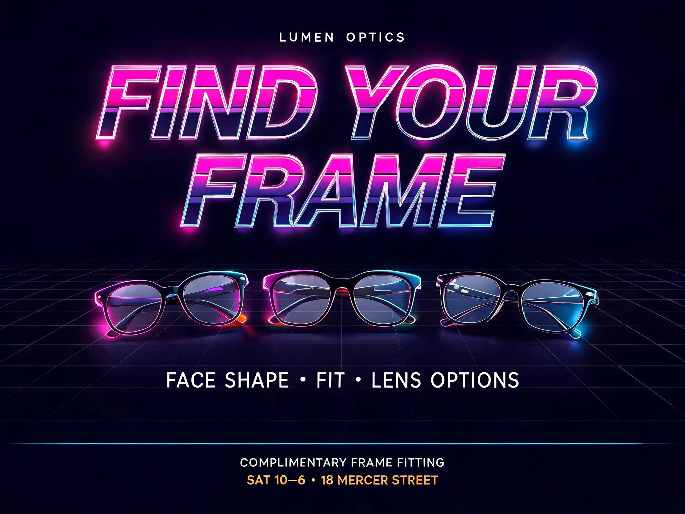 "FIND YOUR
FRAME
LUMEN OPTICS
FACE SHAPE · FIT · LENS OPTIONS
COMPLIMENTARY FRAME FITTING
SAT 10–6 · 18 MERCER STREET" — 3d Bold Neon text effect