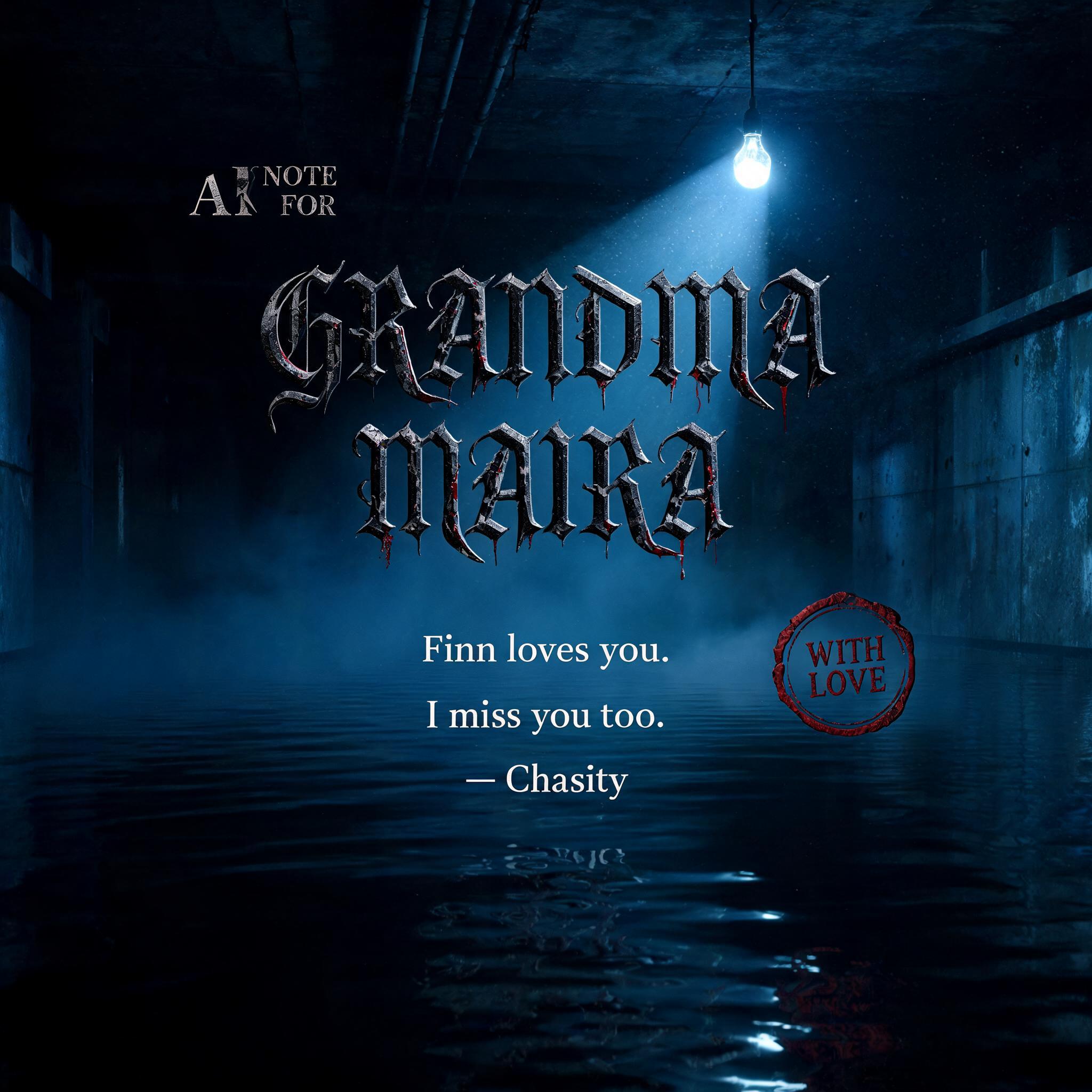 "GRANDMA
MAIRA
A NOTE FOR
Finn loves you.
I miss you too.
— Chasity
WITH LOVE" — Cinematic Horror | AI Text Effect Generator