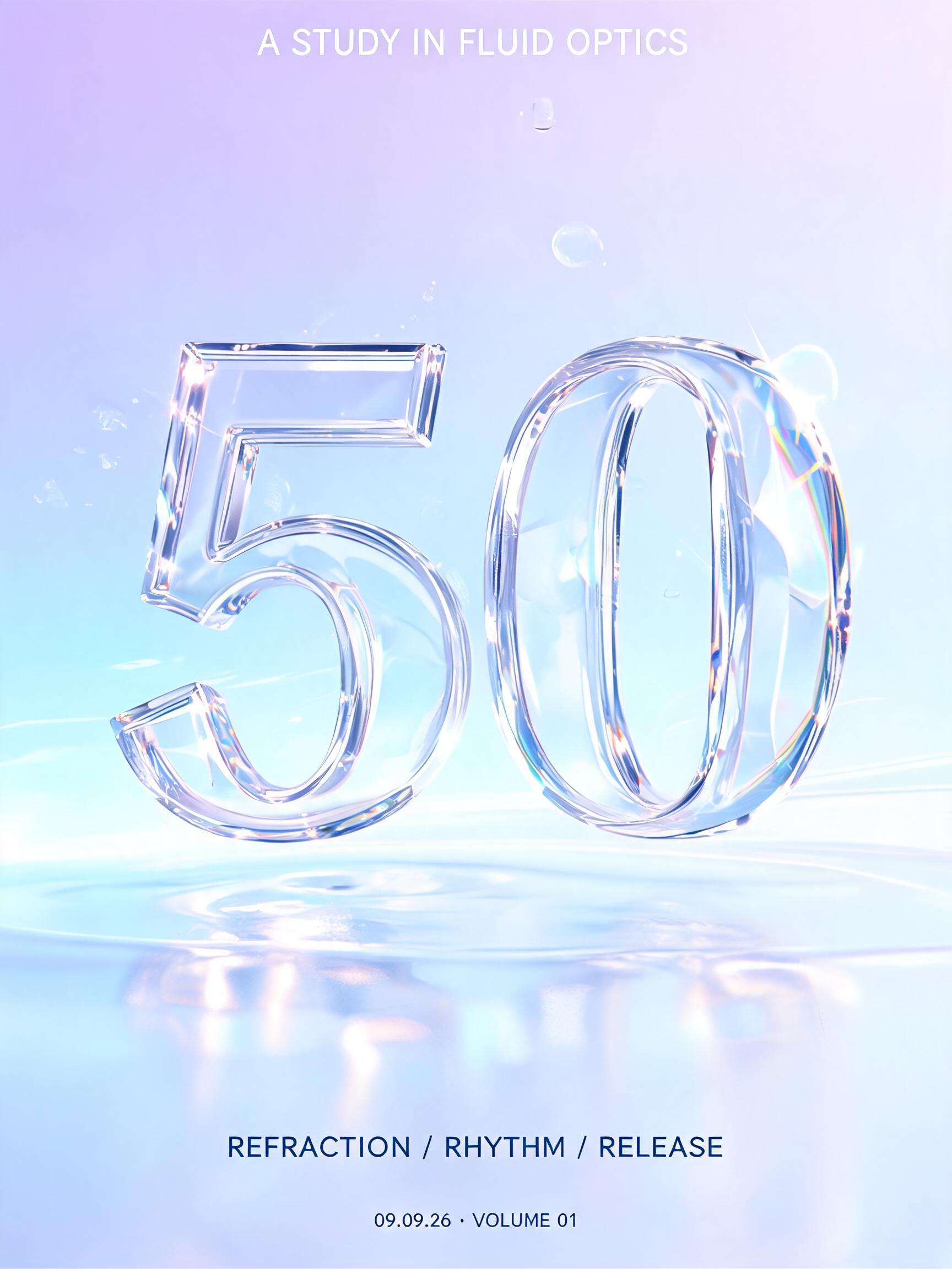 "50
09.09.26 · VOLUME 01" — Glass | AI Text Effect Generator