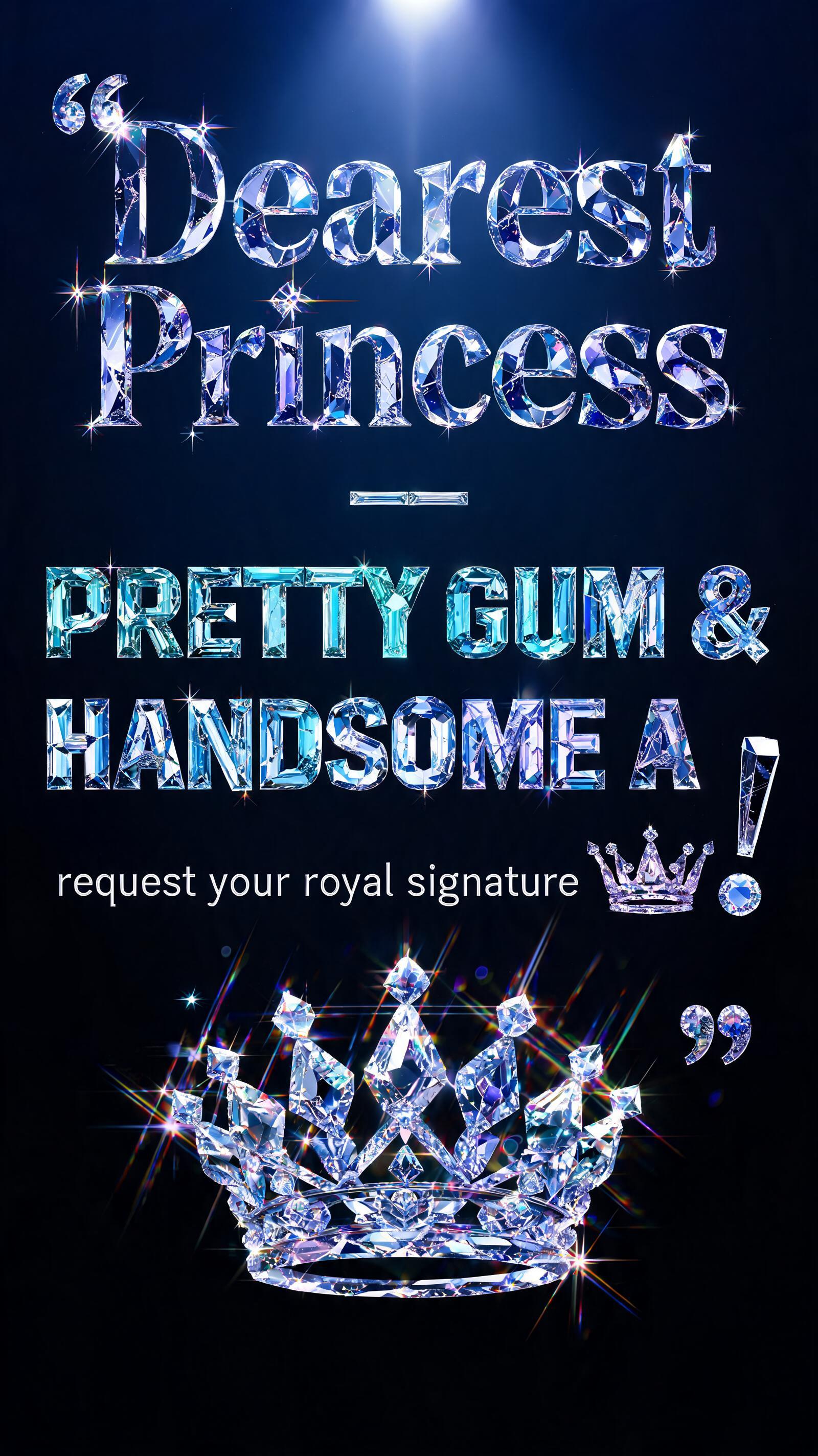 ""Dearest Princess – 'PRETTY GUM' & 'HANDSOME A' request your royal signature! 👑"
" — Glass Crystal text effect