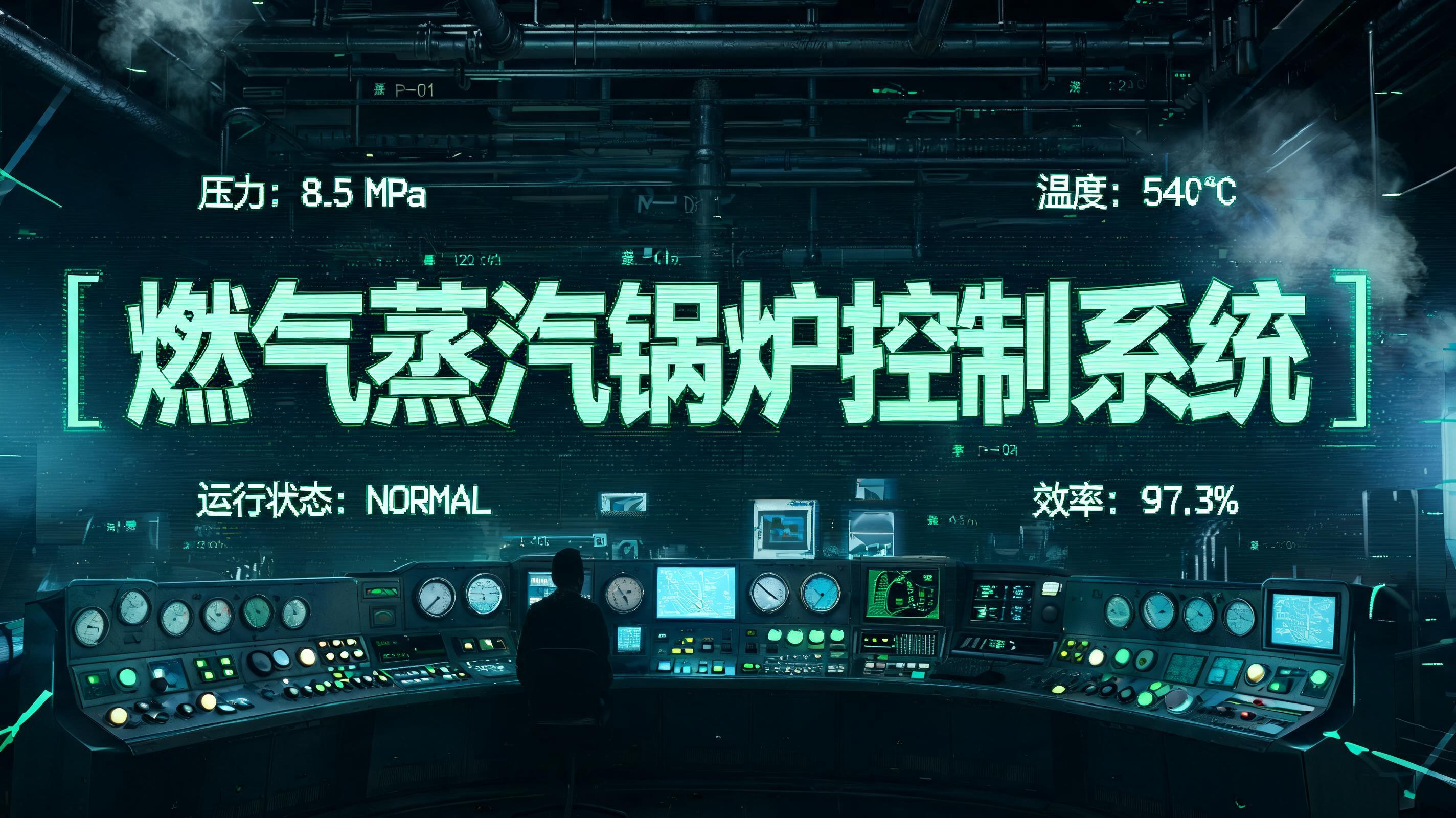 "燃气蒸汽锅炉控制系统" — Cyberpunk Tech Hud text effect