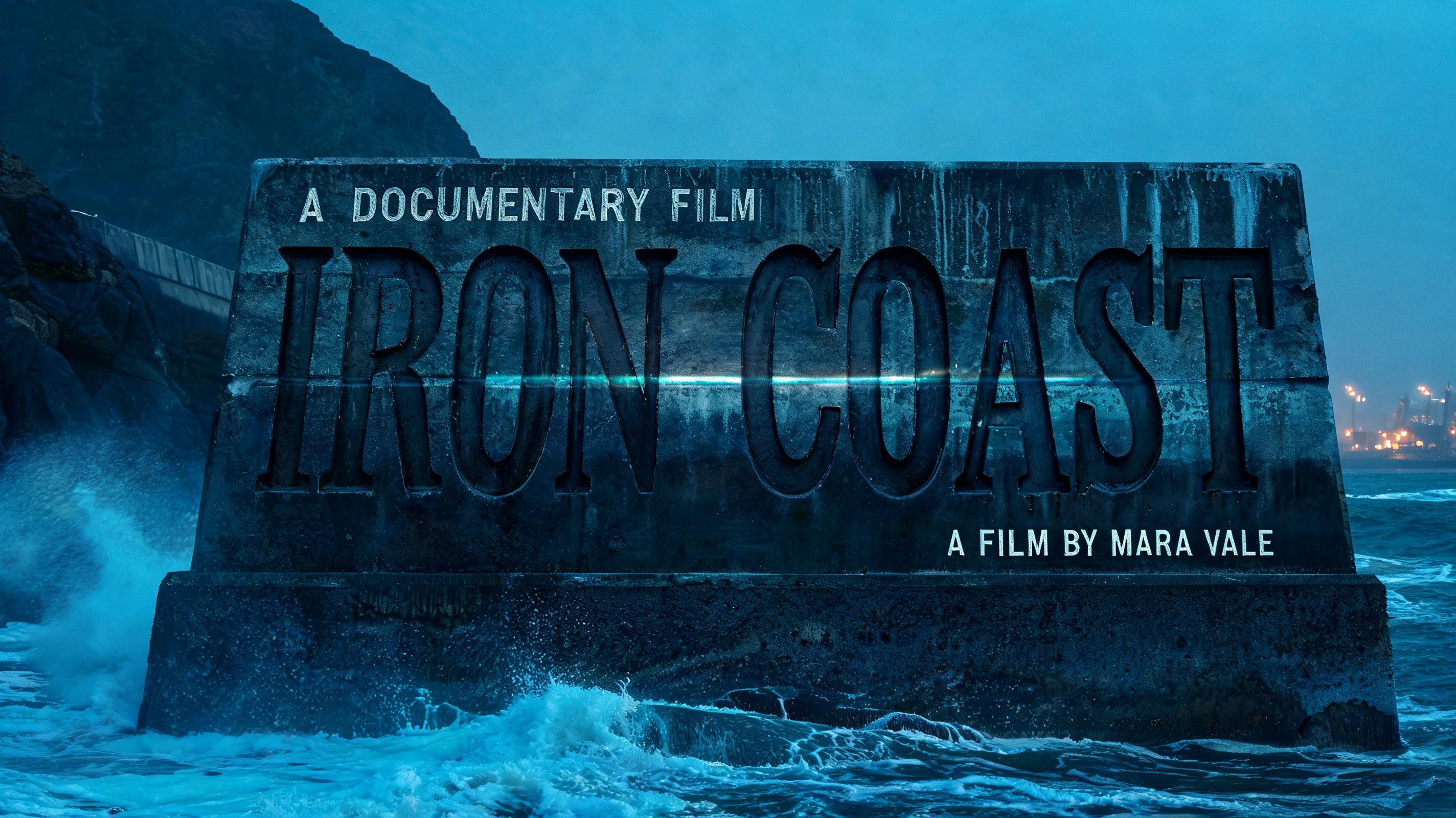 "IRON COAST
A DOCUMENTARY FILM
A FILM BY MARA VALE" — Cinematic Netflix | AI Text Effect Generator